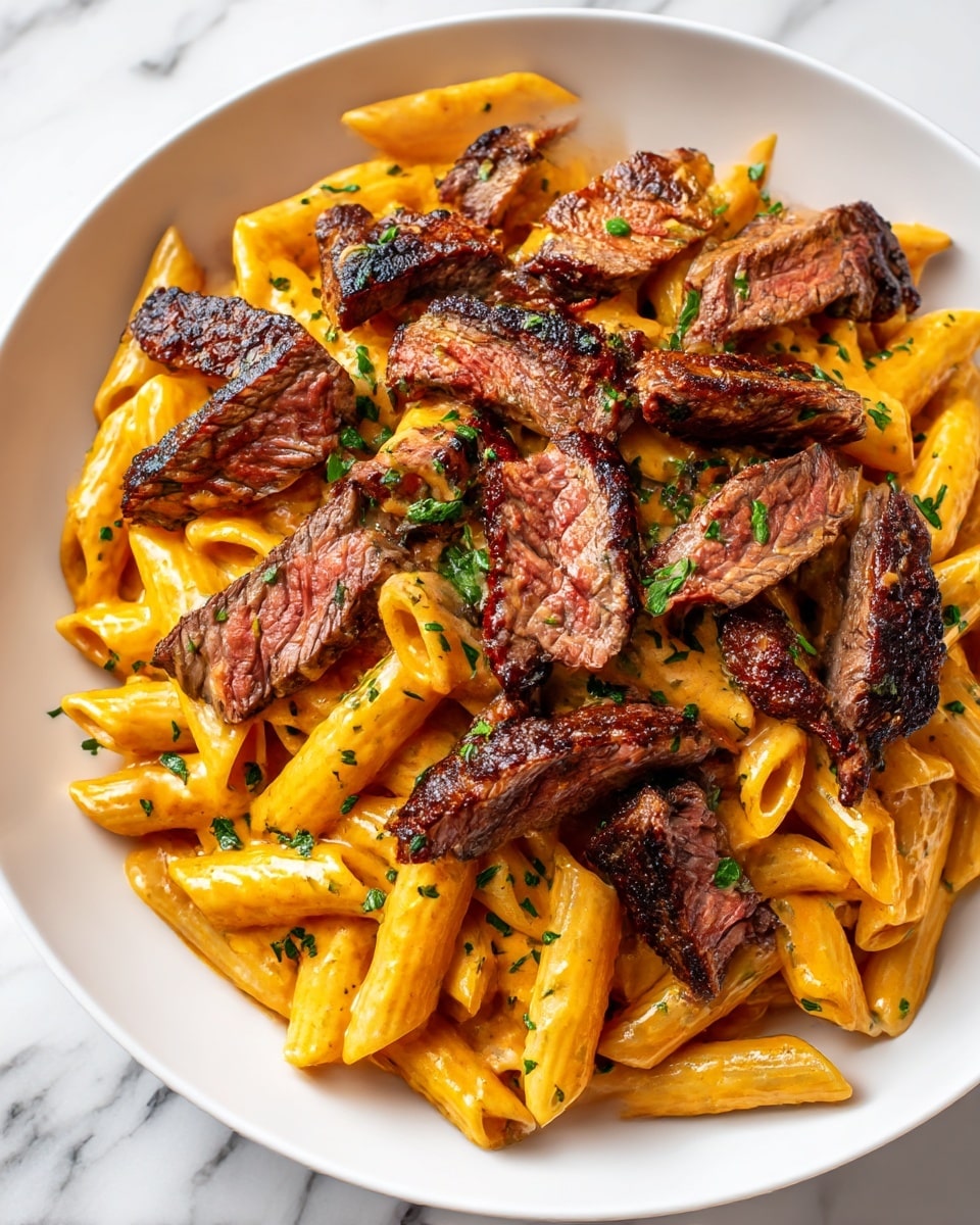 The image shows a white plate filled with creamy orange pasta, topped with many pieces of grilled steak that have a crispy, dark brown outside and a juicy inside. The pasta is penne, coated evenly with a smooth, thick sauce, and sprinkled with small green chopped herbs all over. The steak pieces cover the pasta in the center, creating a layered look with the steak on top and pasta underneath. The plate sits on a white marbled surface. photo taken with an iphone --ar 4:5 --v 7