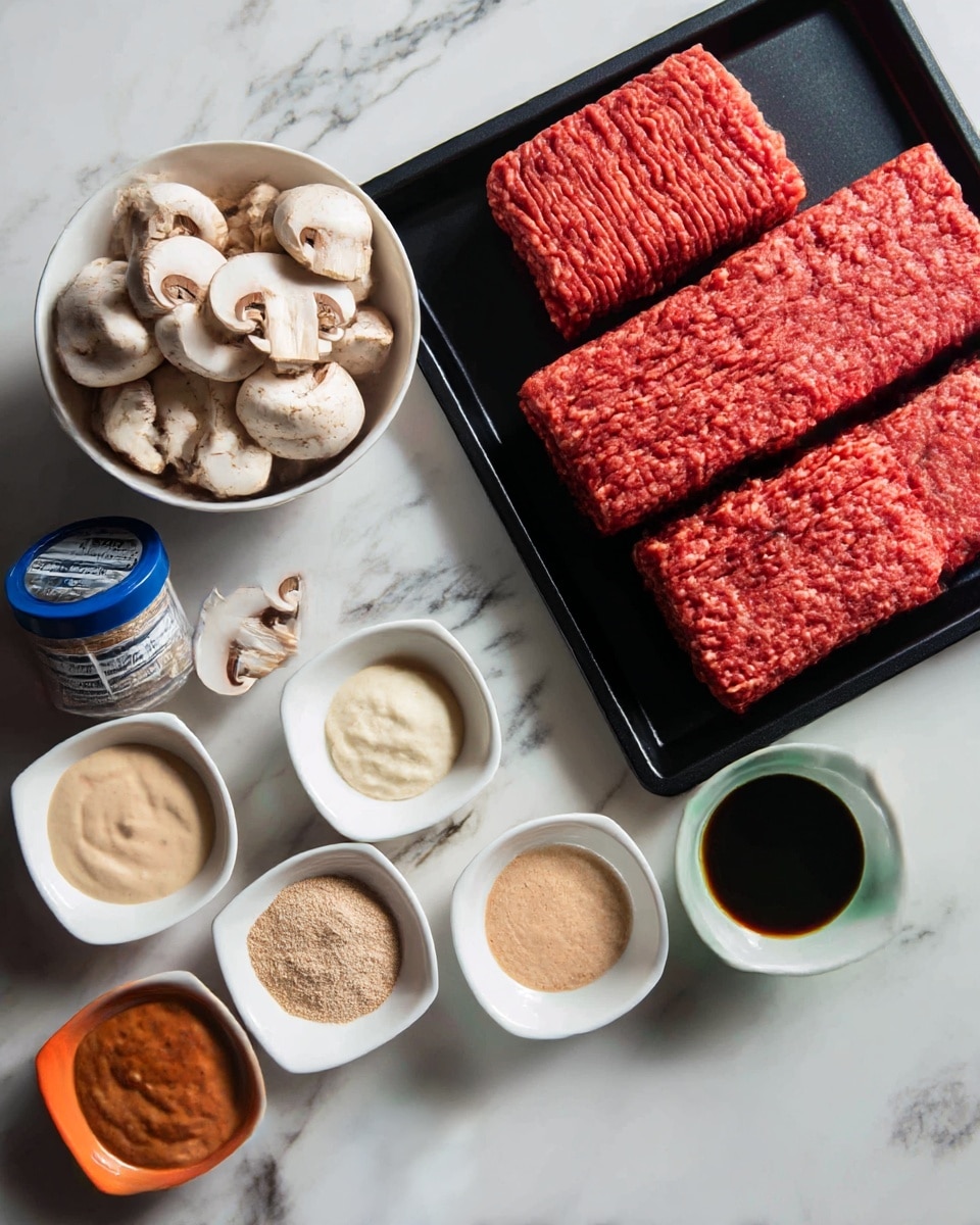 The image shows two cooked hamburger patties in a pan with a thick brown sauce. Each patty has golden brown cooked onion rings resting on top and around it. The sauce has a smooth texture with bits of parsley sprinkled over the patties and onions. The pan's edge is shown, and the background is a white marbled texture. photo taken with an iphone --ar 4:5 --v 7