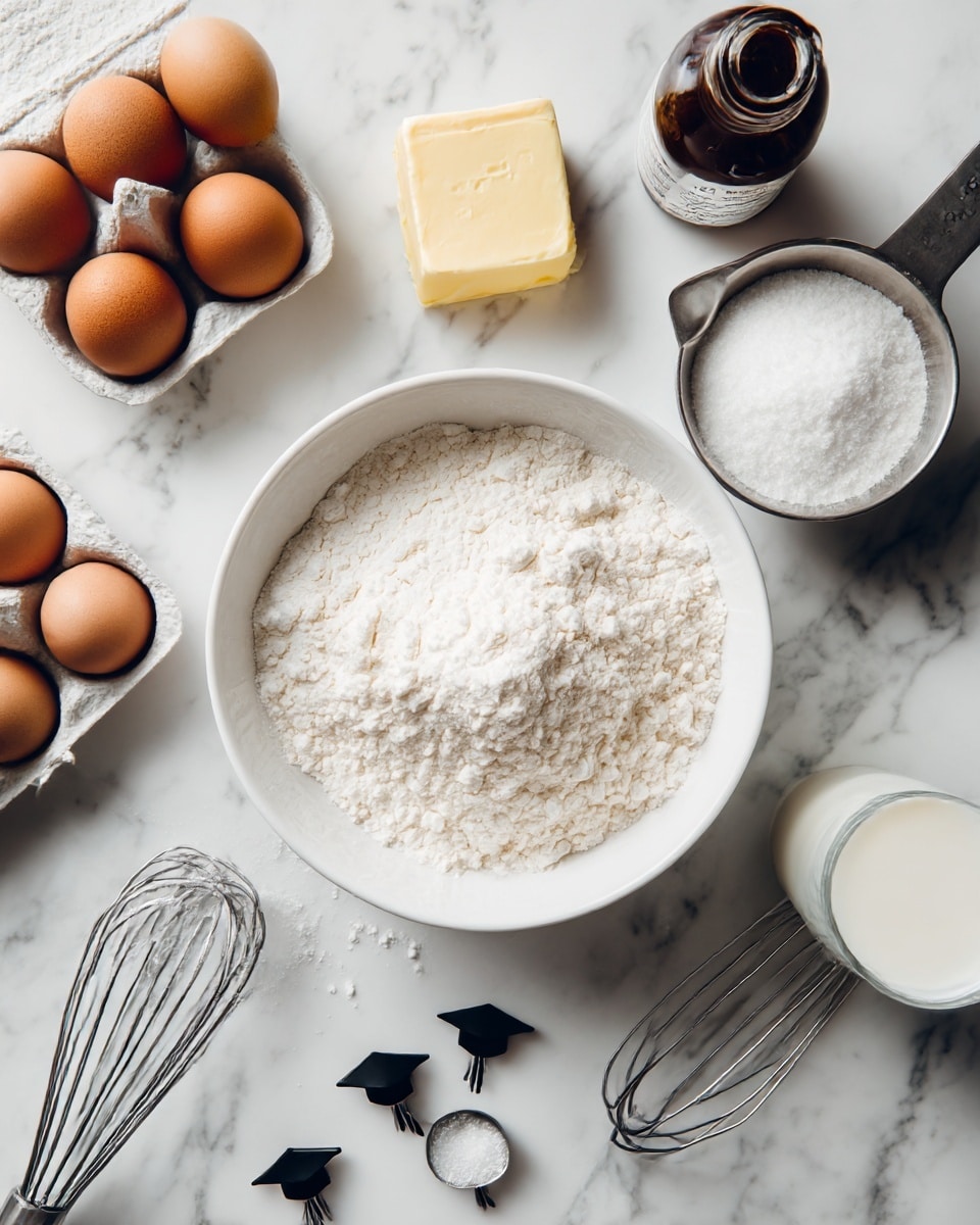 The image shows a white bowl filled with white flour placed in the center on a white marbled surface. Around it, there are two brown eggs in a small egg carton on the left, a small square piece of butter above the bowl, and a metal measuring cup filled with white sugar on the right. A glass with a small amount of milk is in the lower right corner, and a metal whisk lies below the bowl. There is also a dark brown glass bottle with a label near the eggs and two small metal measuring spoons with white powder near the sugar cup. Four small black graduation cap decorations are scattered around the ingredients. Photo taken with an iphone --ar 4:5 --v 7
