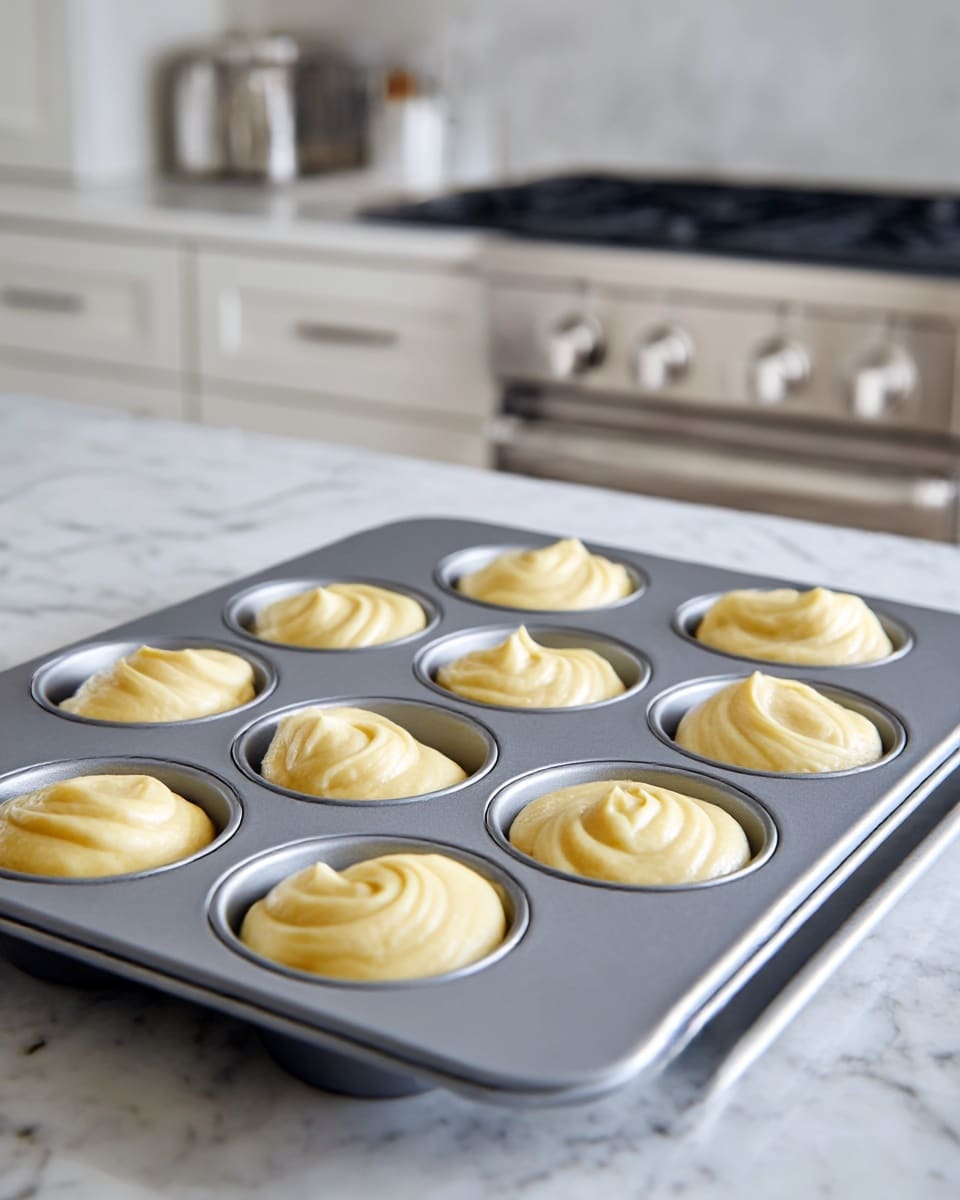 A gray metal muffin tray with nine cups each filled with smooth, creamy, pale yellow batter, placed on a matching gray baking sheet on a white marbled countertop. The background shows a blurred image of a kitchen stove and white cabinets. The batter is evenly swirled in each cup, and the overall scene is well-lit with natural light highlighting the texture of the batter and the shine of the metal tray photo taken with an iphone --ar 4:5 --v 7