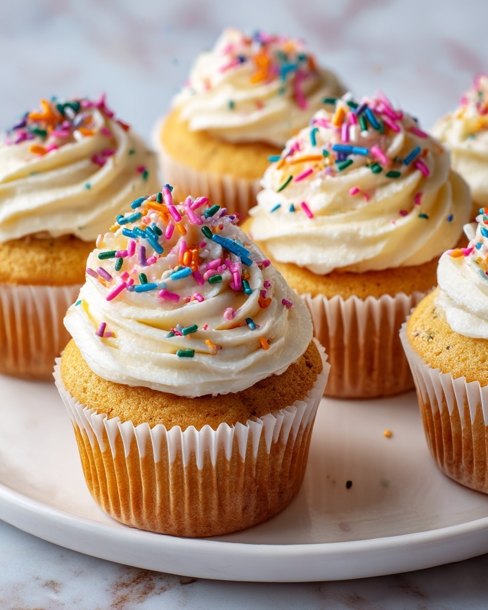 A close-up of golden yellow cupcakes with three colorful layers of frosting swirled on top in teal, purple, and bright yellow. The frosting has a smooth texture and is decorated with small round white, blue, and purple sprinkles spread evenly. The cupcakes sit on a detailed white plate with a slightly raised edge, placed on a white marbled surface. The background is softly blurred, highlighting the vibrant colors and soft texture of the cupcakes' frosting. photo taken with an iphone --ar 4:5 --v 7