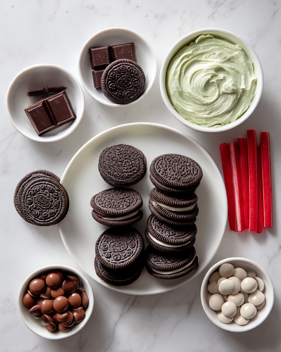 The image shows six layers of dark chocolate sandwich cookies evenly placed on a white round plate in the center. Above the plate, there is a white bowl filled with a light green creamy spread, with soft swirls visible on its surface. Above and to the left, a small white bowl contains four dark chocolate squares. To the right of the plate, there are six red licorice sticks aligned neatly on the white marbled surface. Below the plate are two smaller white bowls; the left one has mixed milk chocolate pieces, while the right one is filled with round milk chocolate buttons. The whole arrangement is placed on a white marbled background. photo taken with an iphone --ar 4:5 --v 7