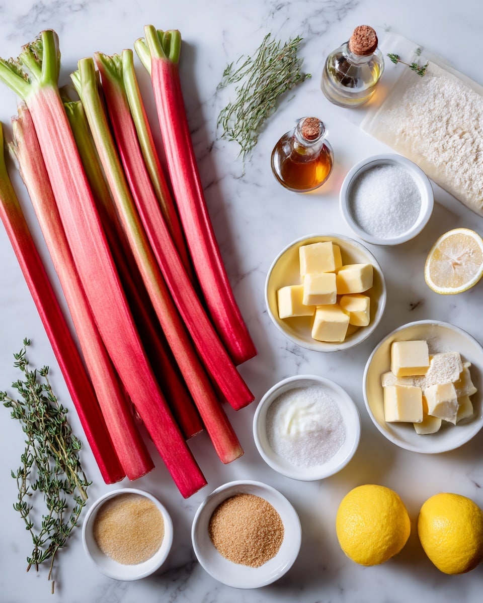 The image shows several fresh rhubarb stalks placed parallel on the left side, bright pink-red with green tips. To the right are small piles of pale yellow cubed butter, granulated white sugar, and light brown sugar in small white bowls. A small glass bottle of vanilla extract, a small white bowl of sour cream, fresh thyme sprigs, two half-cut yellow lemons, and a pile of white flour on a rectangular sheet of puff pastry dough are arranged nearby. All items rest on a white marbled surface. Photo taken with an iphone --ar 4:5 --v 7