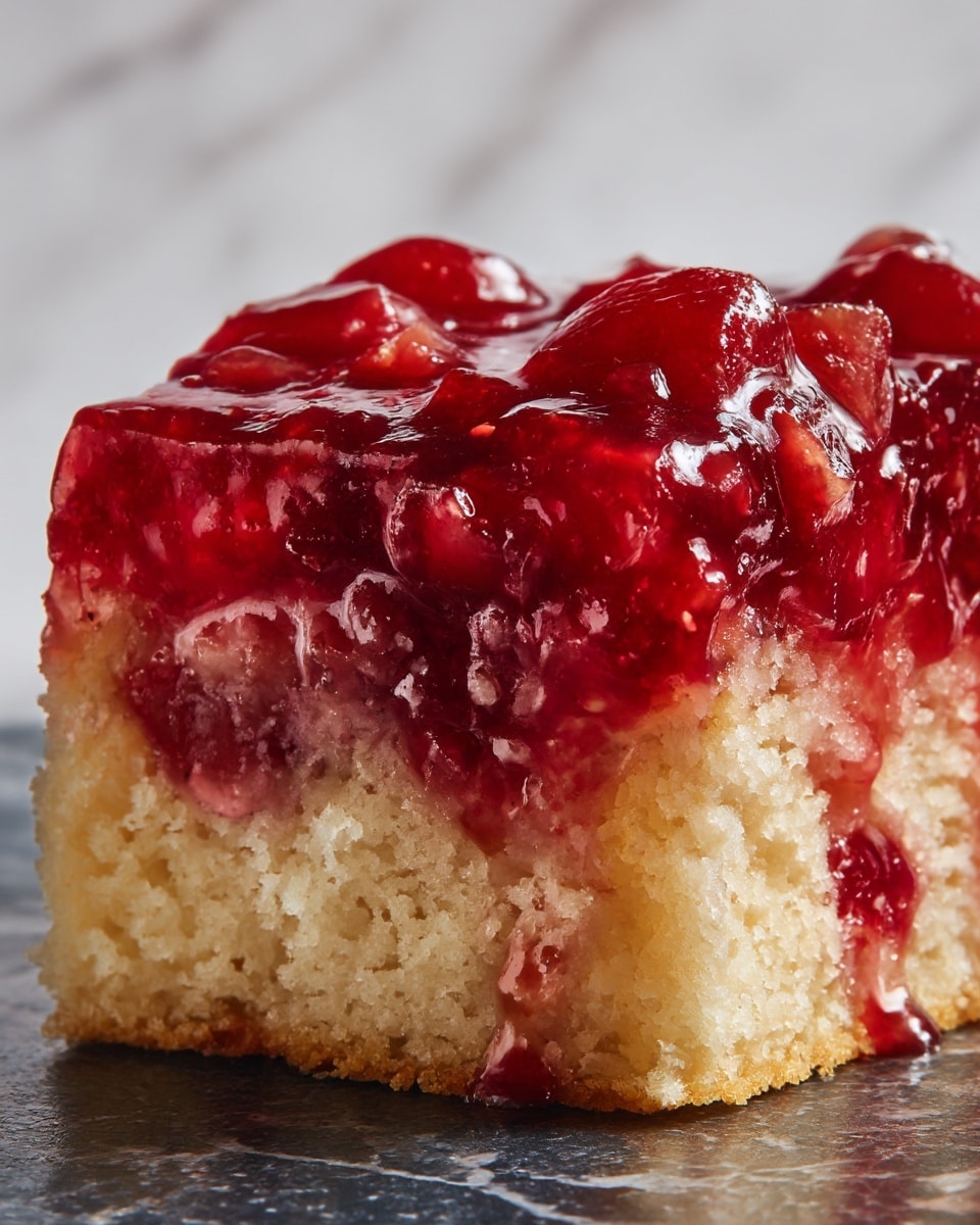 The image shows a close-up of a two-layered dessert sitting on a dark surface with a white marbled background. The bottom layer is a soft, crumbly cake in a light golden color with a slightly rough texture. The top layer is a shiny, thick red jam or jelly with chunks of fruit scattered throughout, giving it a glossy and sticky look. The jam layer covers the cake almost completely, with some jam dripping slightly down the sides. Photo taken with an iphone --ar 4:5 --v 7