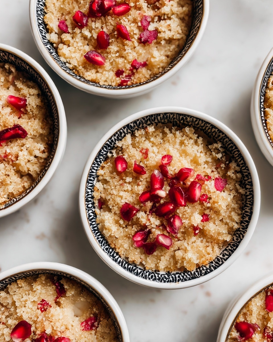 The image shows a group of white round bowls with a black patterned rim, each filled with a crumbly dessert. The dessert has a tan, sandy texture with small pieces of red fruit scattered evenly on top. The bowls are placed closely together on a white marbled surface. The bowls' contents look rough and crumbly, with the red fruit pieces adding a bit of bright color contrast. photo taken with an iphone --ar 4:5 --v 7