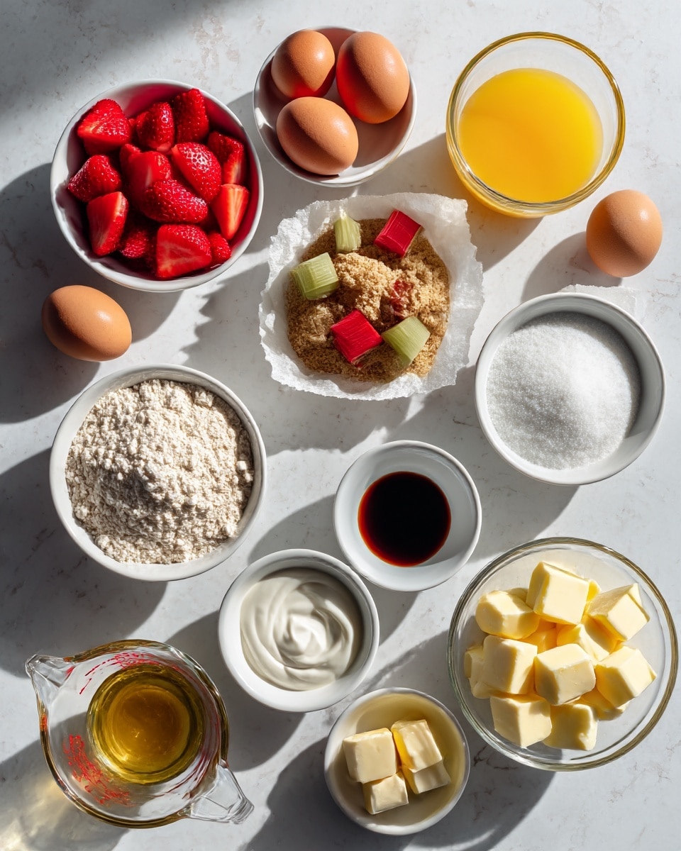 The image shows an arranged set of muffin ingredients on a white marbled surface. There are eleven separate small white bowls and containers forming a loose circle: sliced red strawberries in one bowl, diced pale green and red rhubarb in another, light brown sugar with a crumbly texture in a third, smooth white sour cream in another, and a small white round dish filled with dark brown vanilla extract. Also present are two whole brown eggs, a clear glass bowl filled with bright orange juice, a white bowl of white baking powder, a white bowl of white baking soda, a white bowl with fine white flour, and a white bowl of white granulated sugar. Additionally, a clear glass measuring cup has light golden canola oil and next to it is a small clear bowl with three pale yellow cubes of butter. Each ingredient is labeled with bold black text on a white torn paper-like background. The lighting is bright and natural. Photo taken with an iphone --ar 4:5 --v 7