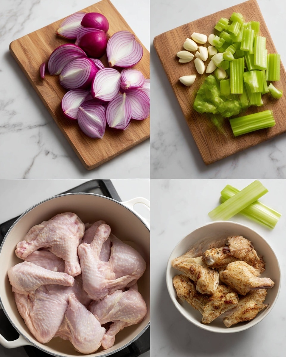 The image is divided into four parts: the top left shows a wooden cutting board on a white marbled surface with thin slices of red onion in purple and white tones piled on the left and small pieces of peeled garlic in creamy white on the right; the top right features the same wooden cutting board with bright green chopped celery pieces on the left and longer celery sticks on the right; the bottom left displays a white pot on a stove with raw chicken pieces, including drumsticks and wings, laid out flat showing pale pink flesh; the bottom right shows the same white pot with the chicken pieces now browned and seared, showing golden brown crispy skin; photo taken with an iphone --ar 4:5 --v 7