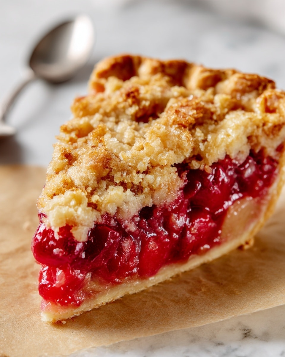 The image shows a close-up of a sliced strawberry dessert bar on a light brown parchment paper over a white marbled texture surface. The dessert has two main layers: a bright red, juicy strawberry filling in the middle and a golden crumbly crust both on the bottom and in small chunks on the top. The top crust pieces are uneven and lumpy, with a light golden brown color. Thin drizzles of white icing are spread across the top, adding a contrast to the red and golden layers below. A metal whisk is slightly blurred in the background, resting on the parchment paper. Photo taken with an iphone --ar 4:5 --v 7