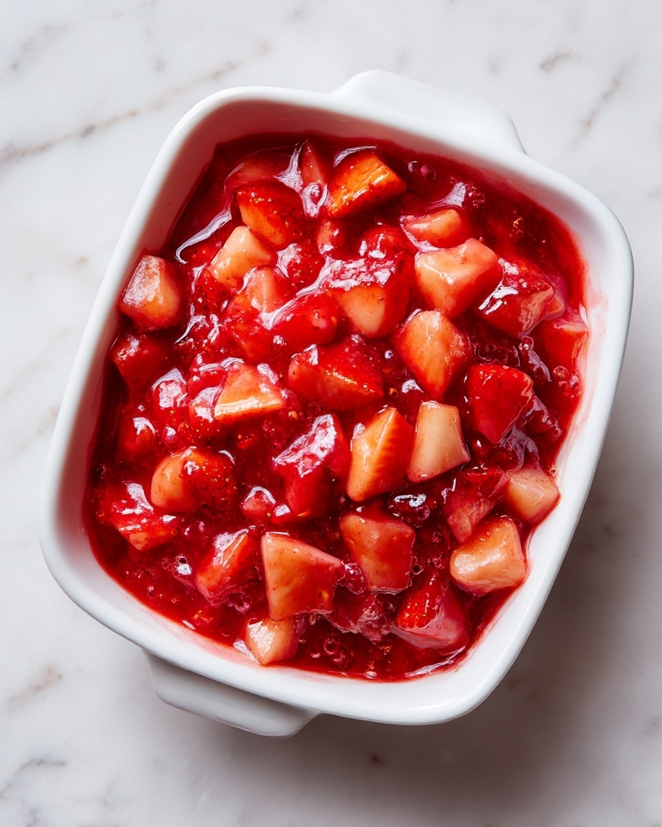 This image shows a white plate with two main layers of dessert: the bottom layer is a pinkish-red cooked fruit mix, likely rhubarb and strawberries, with a soft and slightly wet texture, and the top layer is a crumbly golden brown oat topping that looks crisp. On top of this dessert, there is a round scoop of white vanilla ice cream sitting on the right side of the plate. A shiny silver spoon rests next to the ice cream on the right edge of the plate. In the background, there is a second plate with the same dessert and ice cream slightly blurred, along with fresh red strawberries on green leaves and some uncovered rhubarb stalks with a white and blue striped cloth next to them. The scene is placed on a white marbled countertop. photo taken with an iphone --ar 4:5 --v 7