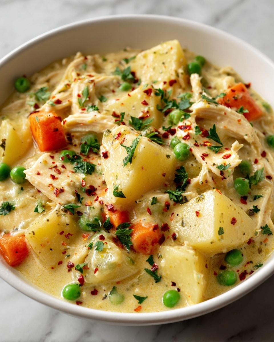 A close-up view of a creamy chicken stew with several soft layers, starting with a thick white sauce that fills the bowl. Chunks of pale beige shredded chicken are spread throughout, mixed with tender light yellow potato pieces and bright orange carrot slices. Small, round green peas and green beans add pops of fresh color, while tiny green parsley leaves are sprinkled on top for garnish. The stew has a slightly speckled texture from black pepper scattered over the surface. The dish is served in a white bowl, set against a white marbled background. Photo taken with an iphone --ar 4:5 --v 7