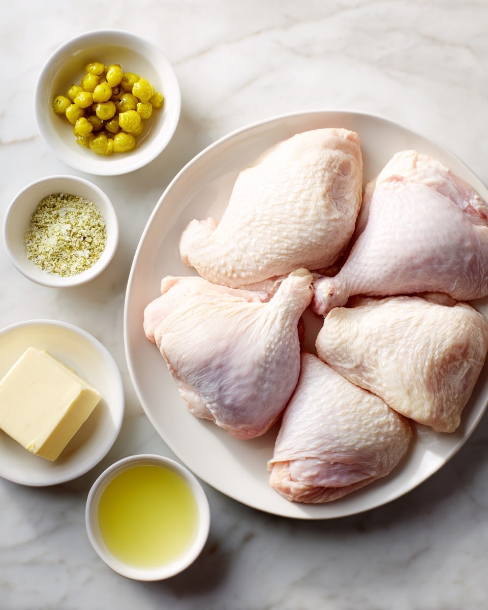 The image shows four large raw chicken pieces on a white round plate placed on a white marbled surface. Around it, there are three small white bowls: one with bright yellow pepperoncini peppers, one with pale green ranch seasoning, and one with bright yellow pepperoncini juice. Next to the bowls is a stick of butter with a pale yellow color. The scene is bright with soft natural light. Photo taken with an iphone --ar 4:5 --v 7