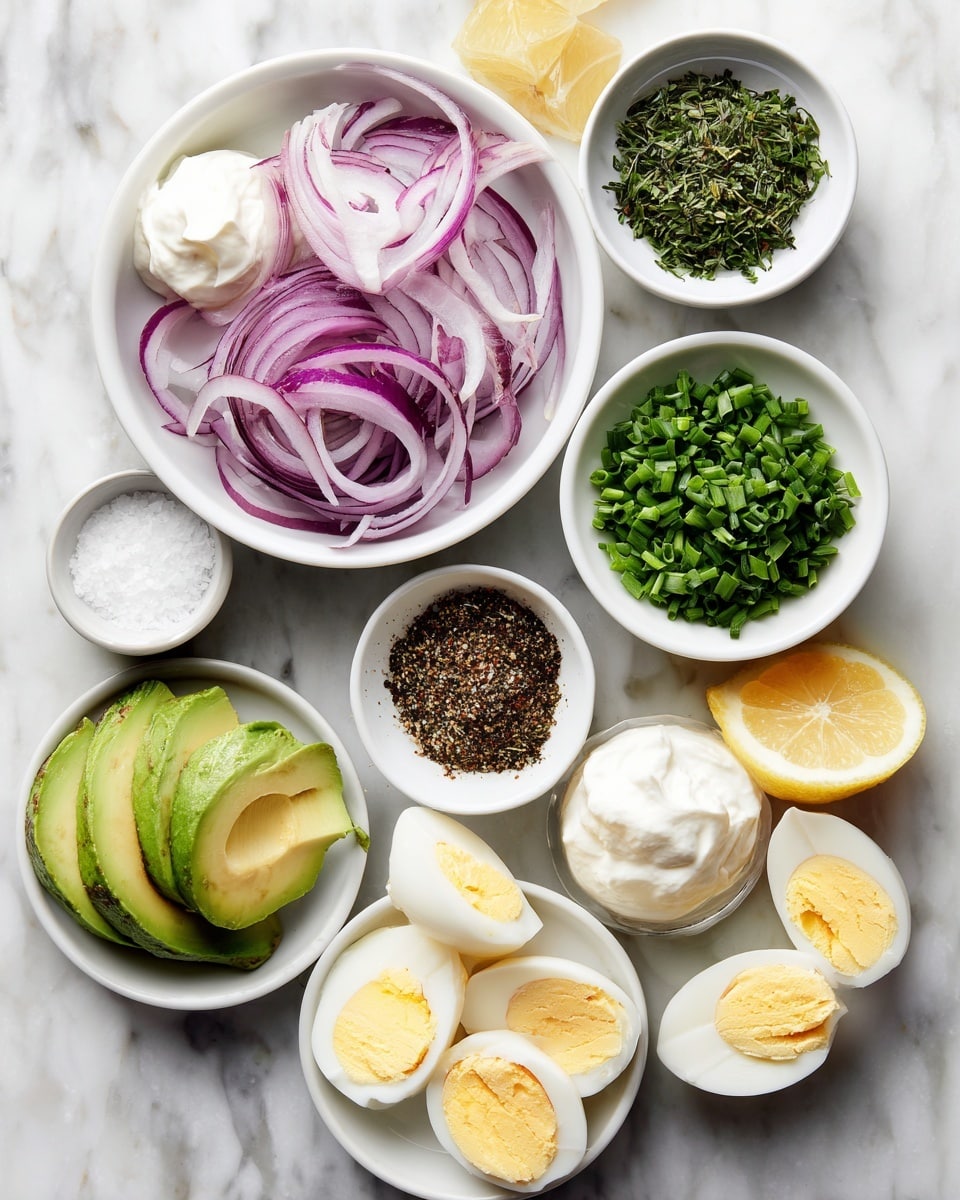 A white bowl with several small white dishes arranged neatly on a white marbled surface. There are sliced red onions showing a purple and white mix, chopped chives in a vibrant green, a dollop of white mayonnaise, a small bowl of dark brown pepper, and a pile of dried basil with a greenish-brown color. Two avocado halves with bright green flesh and dark skins are placed alongside a few lemon slices with pale yellow juice, a creamy yellow mustard dollop, and a set of halved hard-boiled eggs with white and yellow centers. A small white bowl of salt with white grains completes the arrangement. photo taken with an iphone --ar 4:5 --v 7