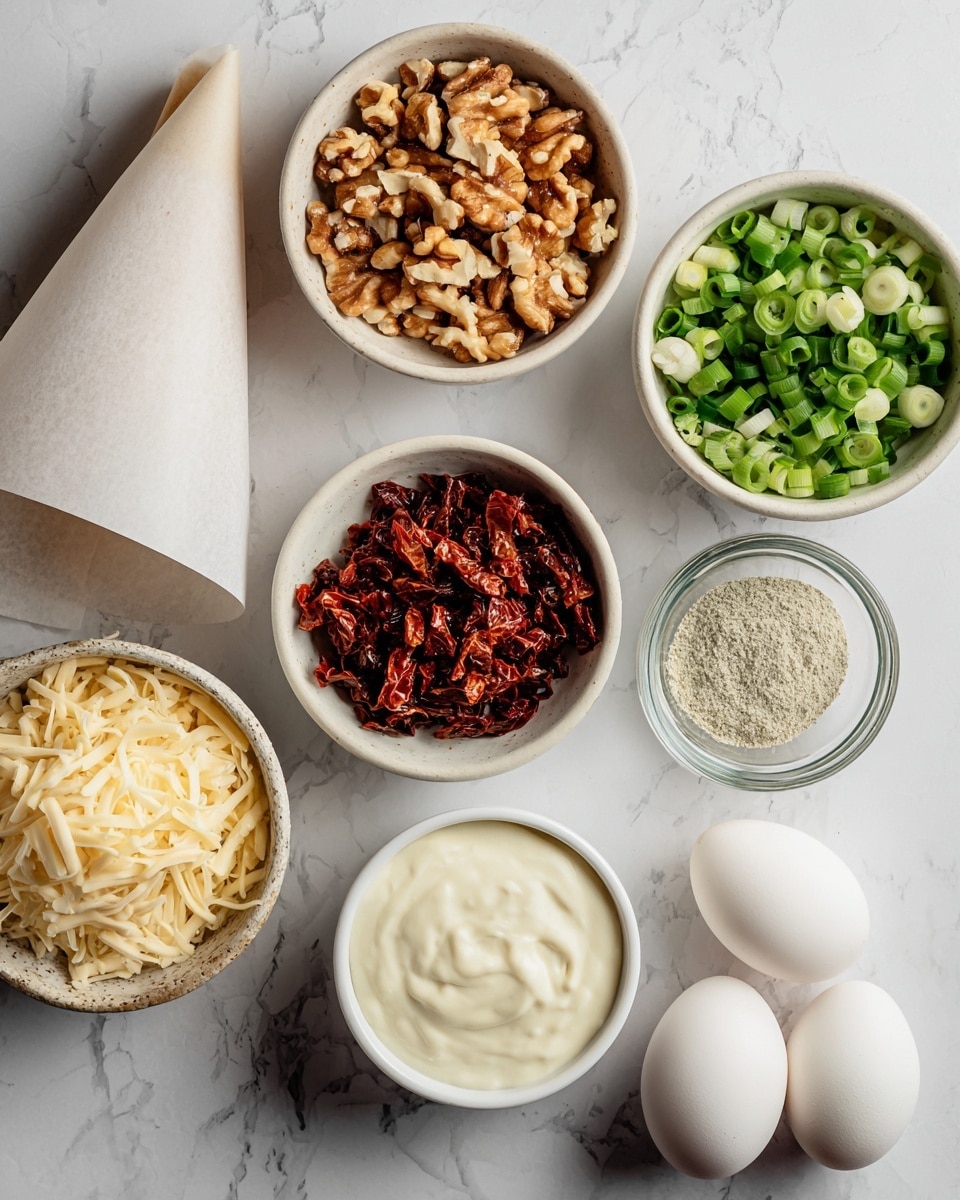 The image shows seven small bowls arranged on a white marbled surface. Starting from the top left, there's a bowl filled with chopped nuts, light brown in color and uneven in pieces. Next to it on the right is a bowl filled with chopped green onions, bright green and small round slices. Below the nuts, there is an empty white paper cone held by a woman's hand. To the right of the hand, there is a bowl of creamy white sauce with a smooth texture. Next to the sauce on the right, there is a bowl of finely chopped dark red sun-dried tomatoes. At the bottom left, there is a bowl of shredded pale yellow cheese with soft texture. Next to the cheese bowl, there is a small glass bowl filled with a grayish-brown powder. Lastly, two white eggs are placed on the marble surface near the bottom right. The lighting is bright and clear, giving a clean and fresh look to the ingredients photo taken with an iphone --ar 4:5 --v 7
