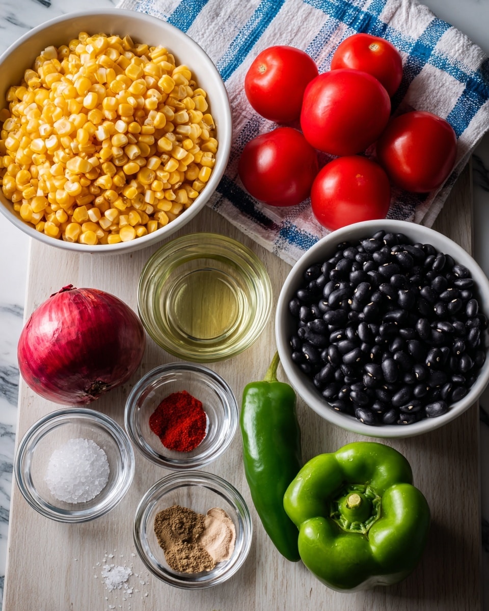 The image shows a white bowl filled with bright yellow corn kernels at the top left. To the right are three small red tomatoes and a large red bell pepper placed on a white cloth with a blue checkered pattern. Below these, a green bell pepper and a smaller dark green chili pepper lie next to each other on a light wooden surface. At the bottom left, a whole red onion is next to several small clear glass bowls containing white salt, red chili powder, light brown powder, golden oil, and clear water. On the right side, there are two white bowls; the top one contains black-eyed peas and the bottom one is filled with black beans. The entire scene is set on a light wooden surface with a white marbled texture in the background. Photo taken with an iphone --ar 4:5 --v 7