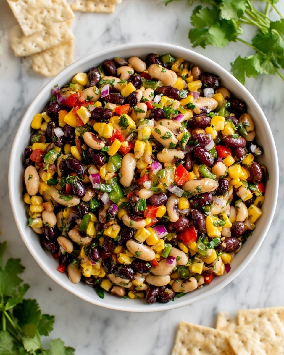 A white bowl filled with a colorful bean salad sits centered on a white marbled surface. The salad has three main layers mixed together: black beans, light beige beans with dark spots, and bright yellow corn kernels, all evenly spread throughout. There are small bits of red and green bell peppers, finely chopped red onion, and green cilantro leaves scattered within, giving the salad a fresh, textured look. The colors are bright and contrasting, with the yellow, red, green, and black standing out clearly. Some cilantro leaves and pieces of light-colored crackers are placed nearby on the surface. photo taken with an iphone --ar 4:5 --v 7