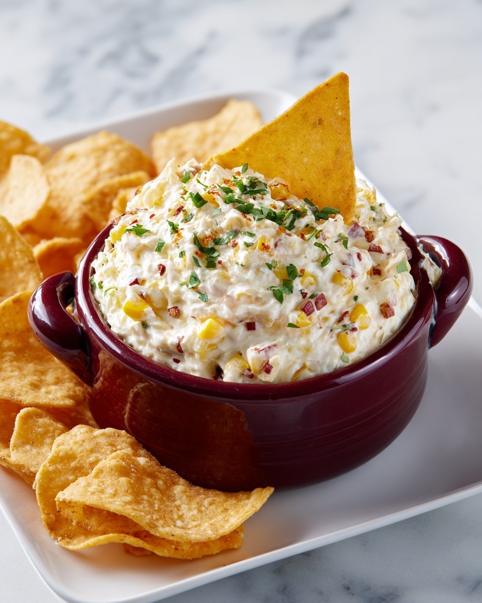 A thick creamy white dip mixed with small pieces of yellow corn and red bits is piled high inside a deep round maroon bowl with two small side handles. A single triangular light golden chip is inserted upright into the dip in the center. Surrounding the bowl on a white square plate are more triangular light golden chips, some whole and some broken. The background is a white marbled texture. photo taken with an iphone --ar 4:5 --v 7