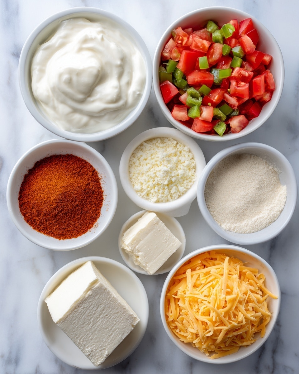 A white marble surface displays seven small white bowls, each containing a different ingredient. In the top left, a bowl filled with smooth, white sour cream. Next to it, a bowl holds bright red diced tomatoes mixed with small green chili pieces. To the right, a bowl contains a creamy white powder labeled ranch seasoning. At the bottom left, a bowl is filled with fine, reddish-orange taco seasoning. Next to it, partially unwrapped cream cheese shows its smooth white texture. A bowl to the bottom right holds shredded yellow-orange Colby Jack cheese. The ingredients are neatly arranged with clear separation, creating a colorful and organized layout. Photo taken with an iphone --ar 4:5 --v 7