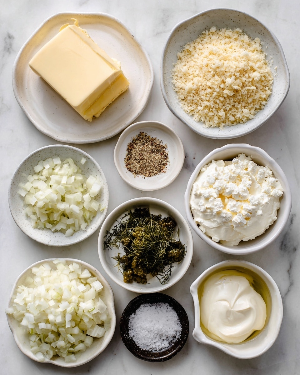 The image shows several small white bowls and plates on a white marbled surface, each containing different ingredients. There is a block of light yellow butter, finely chopped dark green dill, small white diced onion, minced white garlic, light brown panko crumbs, a creamy beige ranch sauce, sprinkled black pepper, white salt crystals, white sour cream, thick white cream cheese, a pale yellow liquid pickled juice, and small chopped green dill pickles. All bowls are neatly arranged with a clear view of each ingredient’s color and texture. Photo taken with an iphone --ar 4:5 --v 7