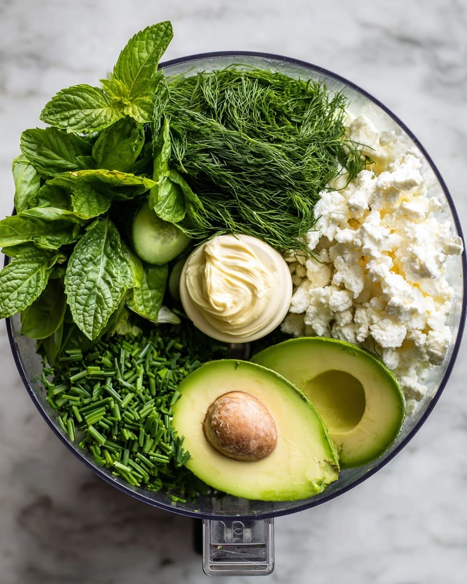 A clear round food processor bowl holds six fresh ingredients arranged in separate sections: bright green mint leaves with textured veins in the bottom left, smooth basil leaves above mint, feathery light green dill on the top left, straight thin dark green chives in the top center, crumbled white feta cheese on the top right, and two halves of a ripe light green avocado with a small brown pit in the bottom right. In the center, a dollop of creamy pale yellow mayonnaise rests on top of the avocado halves. The bowl is set on a white marbled surface. photo taken with an iphone --ar 4:5 --v 7