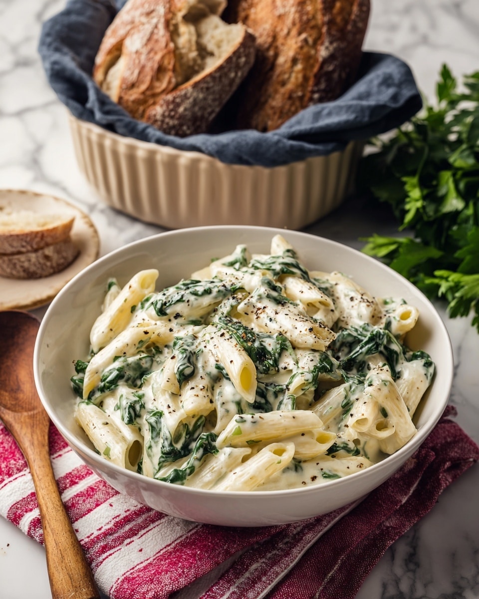 A white bowl filled with creamy pasta made of short tube-shaped penne mixed with green spinach leaves, coated in a thick white sauce with specks of black pepper on top; the bowl is placed on a white marbled surface with a red and white striped cloth underneath. Nearby, there is a beige basket holding pieces of rustic brown bread lined with a dark blue cloth, and fresh green parsley leaves are visible at the side. A wooden spoon rests next to the bowl. Photo taken with an iphone --ar 4:5 --v 7