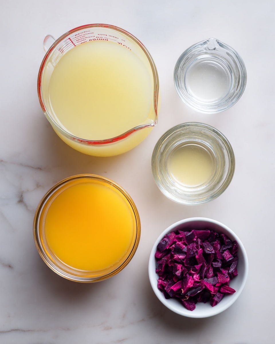 The image shows four containers with different ingredients on a white marbled surface. At the top left, there is a large glass measuring cup filled with pale yellow lemonade. To the right of it, a smaller glass measuring cup is empty and clear. Below the lemonade cup, a medium glass measuring cup holds orange mango juice. Next to the mango juice on the right, there is a small white bowl with bright purple dried dragonfruit pieces inside. Labels in black text on white blocks identify each ingredient clearly. The photo taken with an iphone --ar 4:5 --v 7