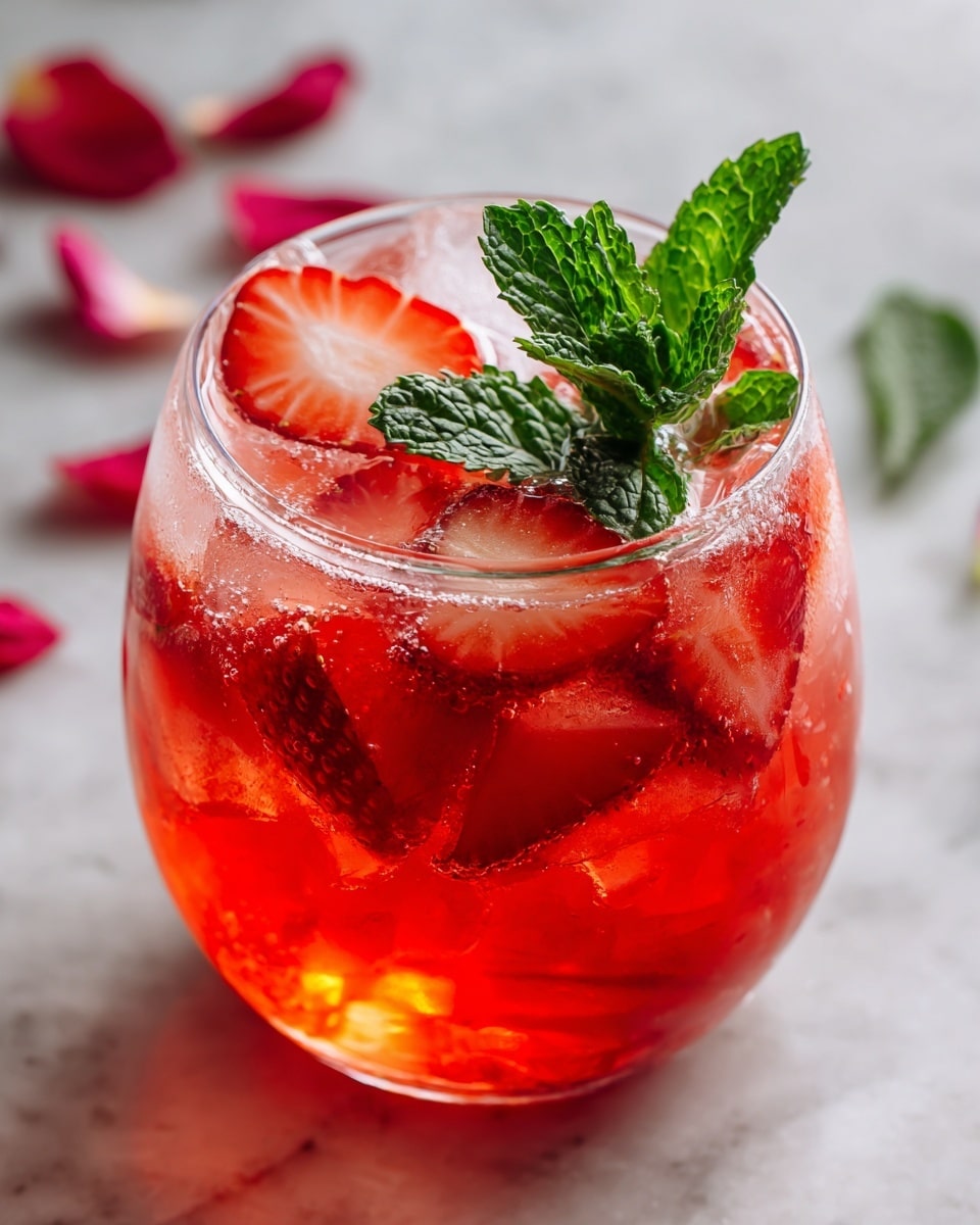 The image shows a clear glass jar with a round, wide shape and a scalloped decorative pattern on its upper half, filled halfway with a bright pink-red liquid that is smooth and slightly frothy on top. A woman's hand is holding a green silicone spatula with a wooden handle, which is placed inside the jar, resting against the side and partially submerged in the liquid. The jar sits on a white marbled surface with a background of light neutral tones, and green mint leaves are placed nearby, adding a fresh touch. photo taken with an iphone --ar 4:5 --v 7