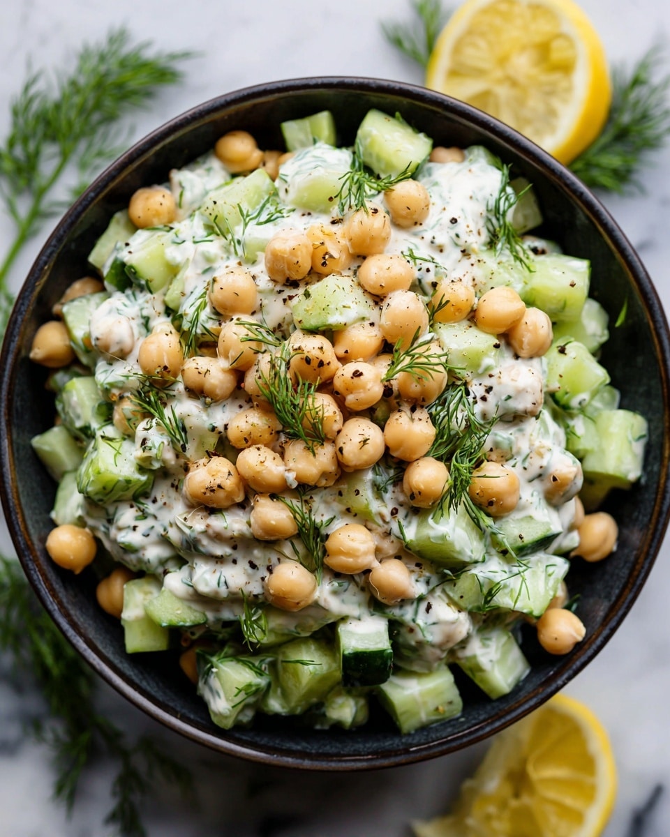 A dark bowl filled with a chickpea salad that has three main layers: the first layer is light beige chickpeas scattered evenly, the second layer is chunked pale green cucumber pieces mixed throughout, and the third layer is creamy white dressing with small green herb bits, all mixed together. The salad is topped with fresh sprigs of green dill and a light sprinkle of black pepper. The bowl sits on a white marbled surface, with some lemon wedges and dill sprigs blurred in the background, photo taken with an iphone --ar 4:5 --v 7
