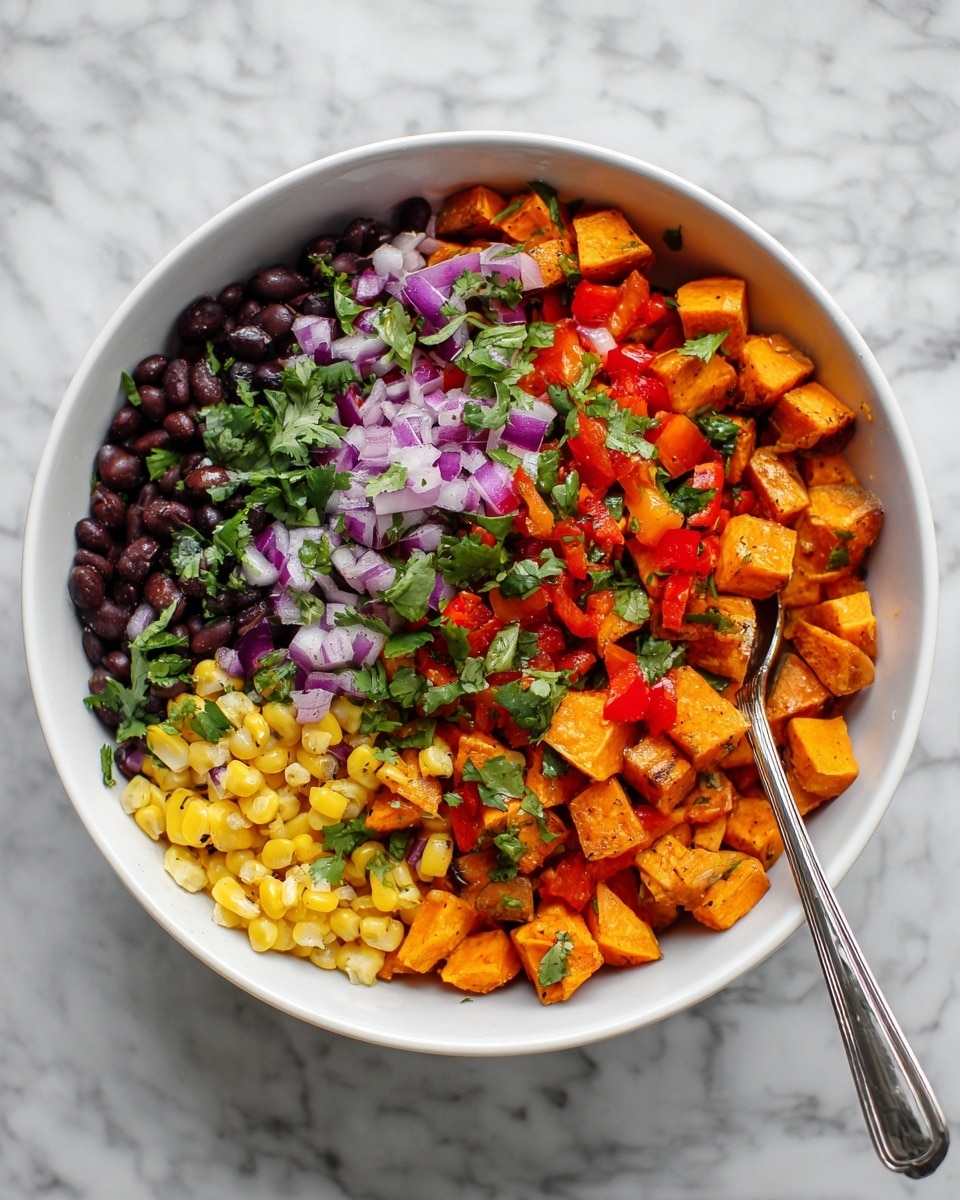 A clear glass bowl with five separate layers of ingredients arranged side by side: bright green chopped cilantro on the left, black beans next to it, finely chopped light purple onions, small diced orange carrots, and pale yellow corn kernels. The bowl is placed on a white marbled surface and there is a small glass cup with red liquid and a white striped cloth nearby. A wooden spoon lies beside the bowl. photo taken with an iphone --ar 4:5 --v 7