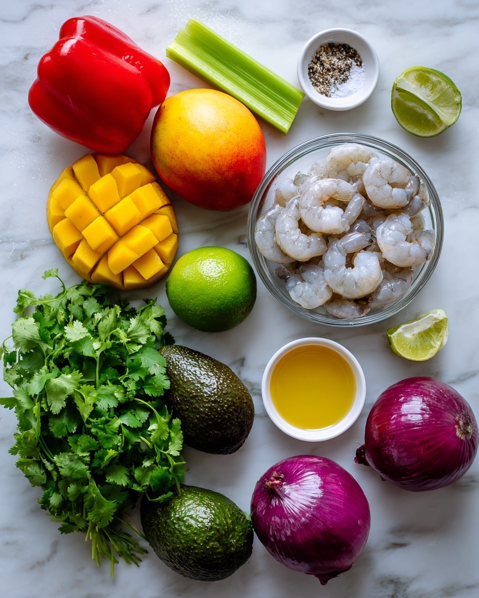 The image shows fresh ingredients on a white marbled surface arranged neatly: a bright red bell pepper at the top left, two ripe mangoes side by side with yellow and red skin below the pepper, and two light green celery sticks to the left middle. Near the center is a clear glass bowl filled with pale pink shrimp. A whole dark green lime is near the bowl to the right, while a small dish with salt and pepper sits above it. Below the bowl are a bunch of fresh green cilantro leaves, and two dark green avocados sit to the left of the cilantro. There is also a small white bowl of golden honey and another white bowl of olive oil on the right side near a red onion with vibrant purple and white layers at the bottom right. The colors are bright and fresh with a clean, organized look. Photo taken with an iphone --ar 4:5 --v 7