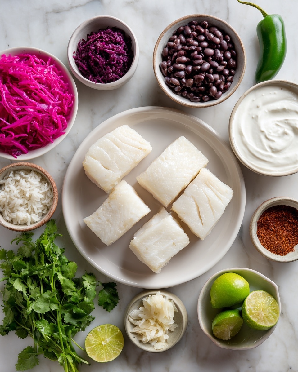 The image shows a white round plate with four pieces of cooked white fish arranged neatly at the bottom. To the right of the plate is a small white bowl filled with thick white yogurt. Surrounding the plate on a white marbled surface are small white bowls and piles with different ingredients: a bowl of black beans, a bowl of bright pink pickled cabbage, a small bowl with a creamy white garlic paste, a small heap of green cilantro leaves, slices of fresh green lime, a whole green jalapeño, a small bowl of white rice, and a small bowl holding red and brown spices. A woman's hand is gently holding one piece of the fish on the plate. The whole setting is bright and clean. photo taken with an iphone --ar 4:5 --v 7