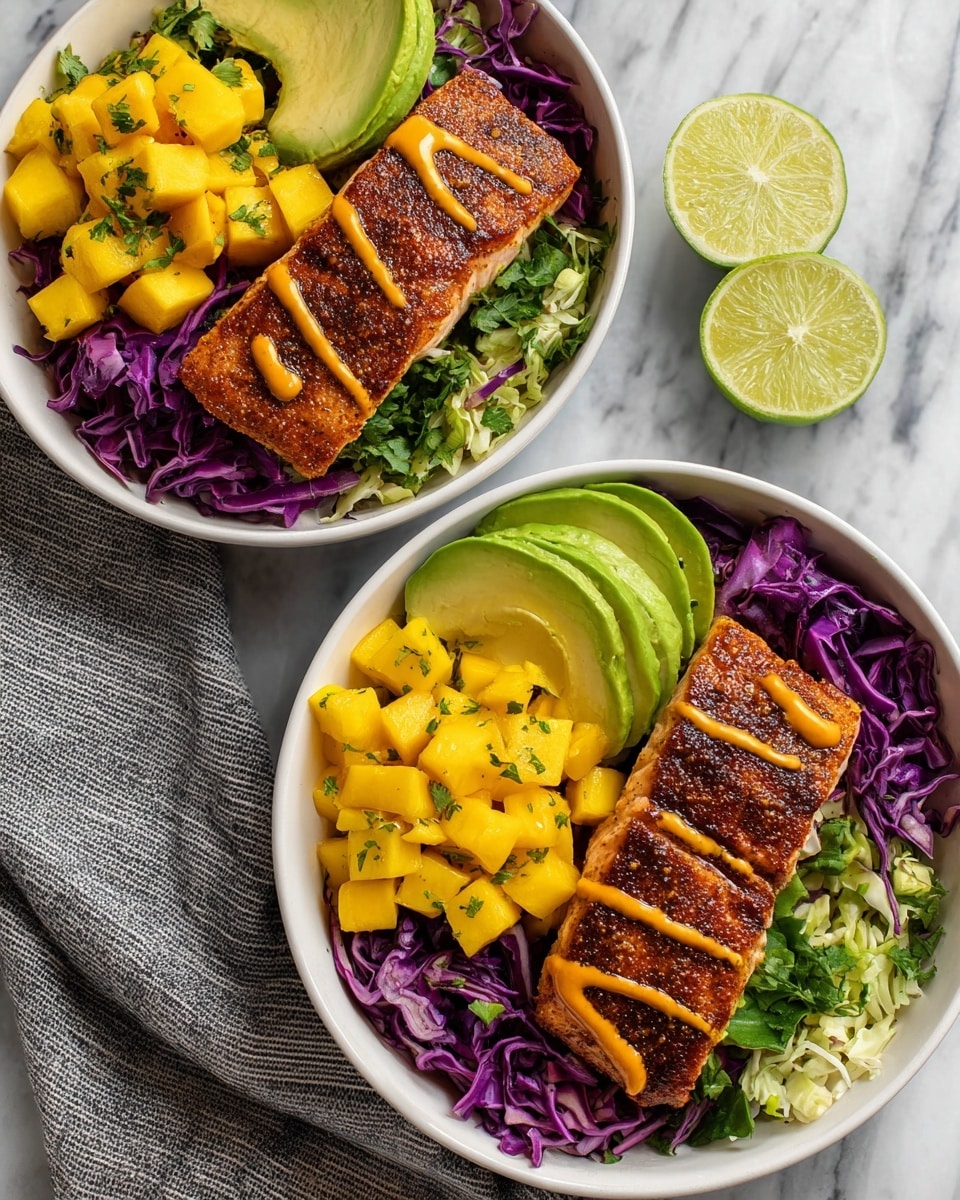 A white bowl filled with a base layer of shredded green and purple cabbage mixed with small pieces of mango and herbs, topped with a golden-brown piece of seasoned, cooked fish drizzled with a creamy, orange sauce in thin lines. Next to the fish are thin slices of fresh green avocado and a small lime wedge. Fresh cilantro leaves are placed near the fish for garnish, and there is a silver fork resting on the edge of the bowl. The bowl rests on a white marbled surface with a blurred grey cloth in the background. photo taken with an iphone --ar 4:5 --v 7