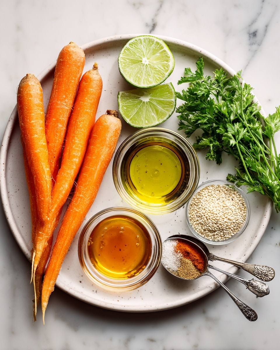 A white round plate sits on a white marbled surface, holding three whole carrots with an orange, smooth texture on the left side. Two lime halves with a green, juicy interior are placed near the top center of the plate. To the right, there is a small bunch of fresh green parsley with leafy texture. Three small clear glass bowls are arranged on the plate; the largest one in the center contains golden yellow olive oil, the bottom bowl holds amber apple cider vinegar, and the small bowl near the parsley has light golden agave syrup. Three measuring spoons with silver metal finish lie around the plate: one at top right filled with pale beige sesame seeds, one at the bottom left with coarse white kosher salt, and another at the bottom right with light brown ground coriander and a small spoon beside it with reddish-orange cayenne pepper. photo taken with an iphone --ar 4:5 --v 7