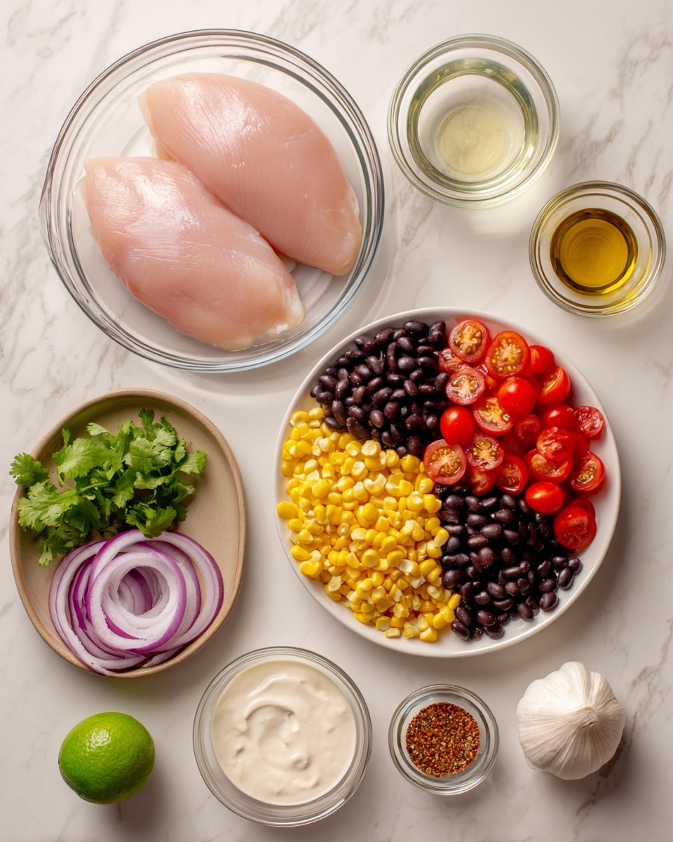 A clear glass bowl holds two raw pale pink chicken fillets on the left side. To the right, a white plate is divided into three sections with bright yellow corn kernels on top, shiny black beans on the right, and finely chopped red tomatoes below. Below the chicken, a small light brown plate contains fresh green cilantro, several red grape tomatoes, and thin slices of purple onion arranged in a curve. Near the bottom center, there is a whole green lime and a single garlic clove. On the far right side, three small clear glass bowls show different contents: the top bowl has white thick cream, the middle bowl has a light beige creamy sauce, and the bottom bowl contains a mix of red, black, white, and beige powdered spices. Finally, a small clear bowl just above the spices has a golden liquid. All items rest on a white marbled surface. Photo taken with an iphone --ar 4:5 --v 7