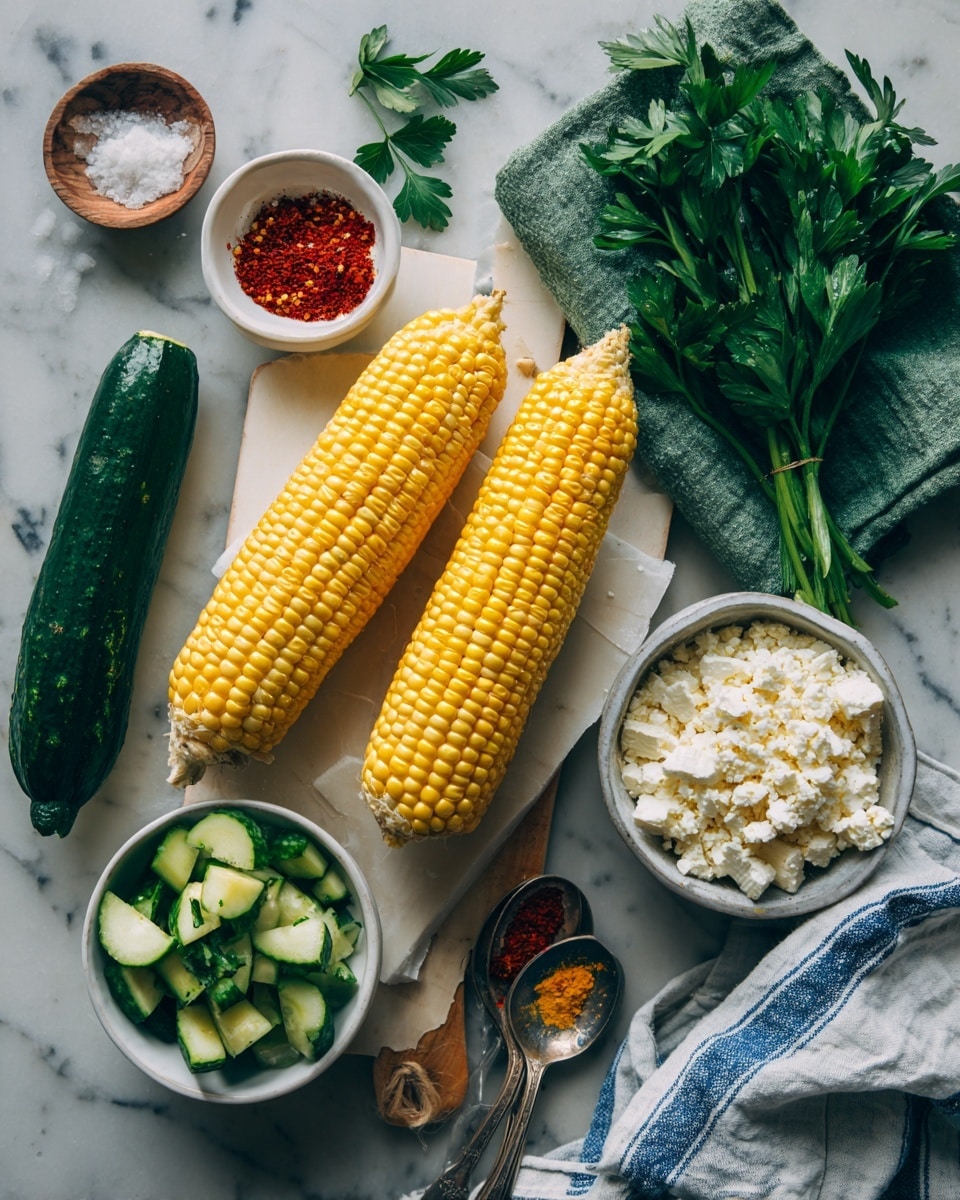 Two bright yellow corn ears rest on a white cutting board placed on a white marbled surface. Beside them lies a dark green cucumber, some slices stacked neatly on top, revealing light green flesh. A white bowl sits in the lower center filled with small, chopped cucumber pieces. To the right, a green cloth holds a bunch of fresh green parsley, a white bowl filled with white crumbly cheese, and a small white bowl of reddish-brown spice powder. Nearby is a smaller bowl of white salt and a sliced red chili pepper showing its seeds. Two vintage silver spoons hold light-colored corn kernels and a mix of spices. A white cloth with blue stripes is casually folded on the bottom right of the scene. Photo taken with an iphone --ar 4:5 --v 7
