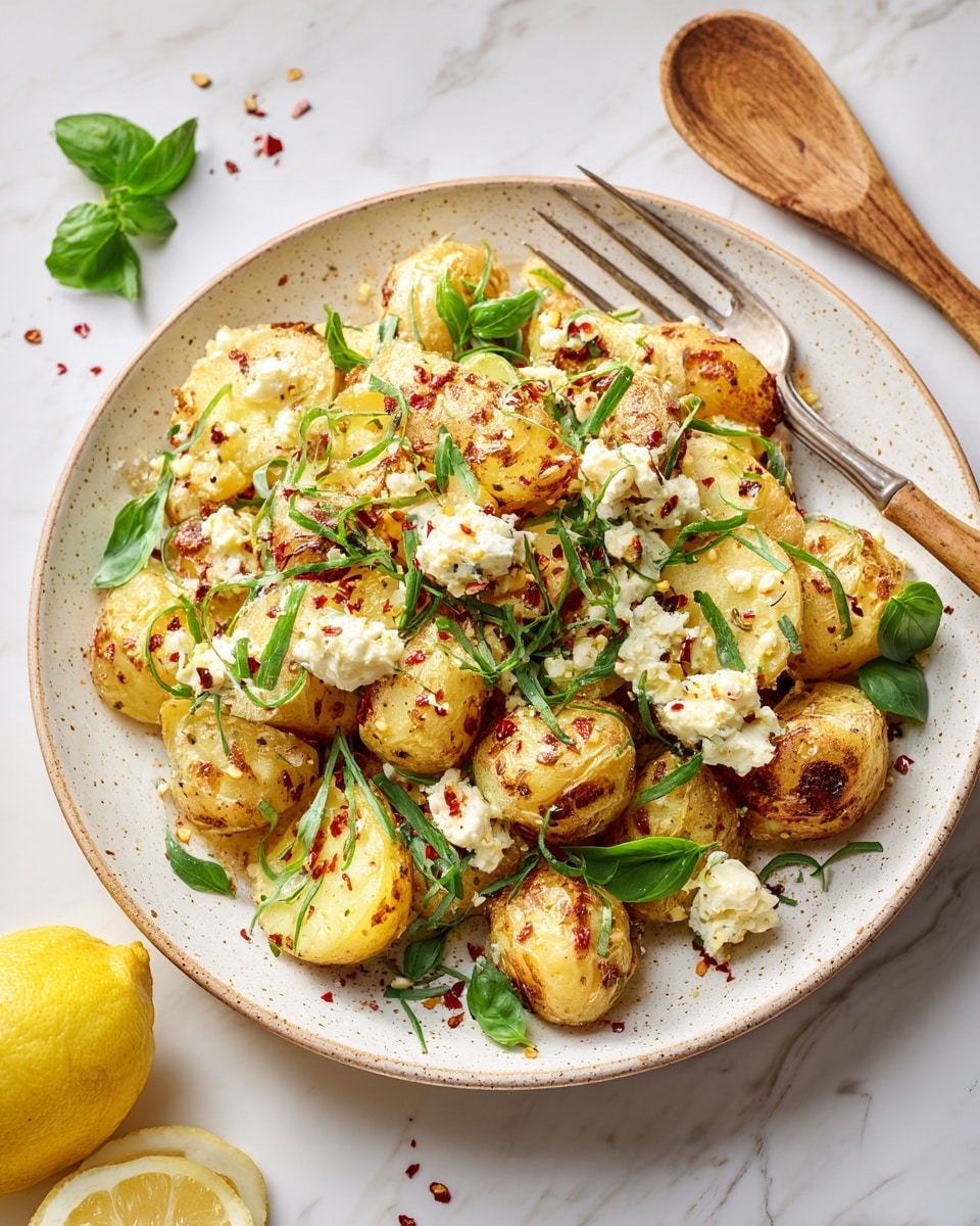 A white speckled plate holds a heap of roasted golden-brown potato pieces with crispy darker brown edges. The potatoes are mixed with small chunks of creamy white cheese, slightly melted onto the potato surfaces. Scattered fresh green basil leaves are spread on top, adding a contrast of color. Red pepper flakes and tiny dried herb bits are sprinkled evenly for texture and a pop of color. A bronze fork sticks into the side of the pile, resting on the white marbled surface underneath the plate photo taken with an iphone --ar 4:5 --v 7