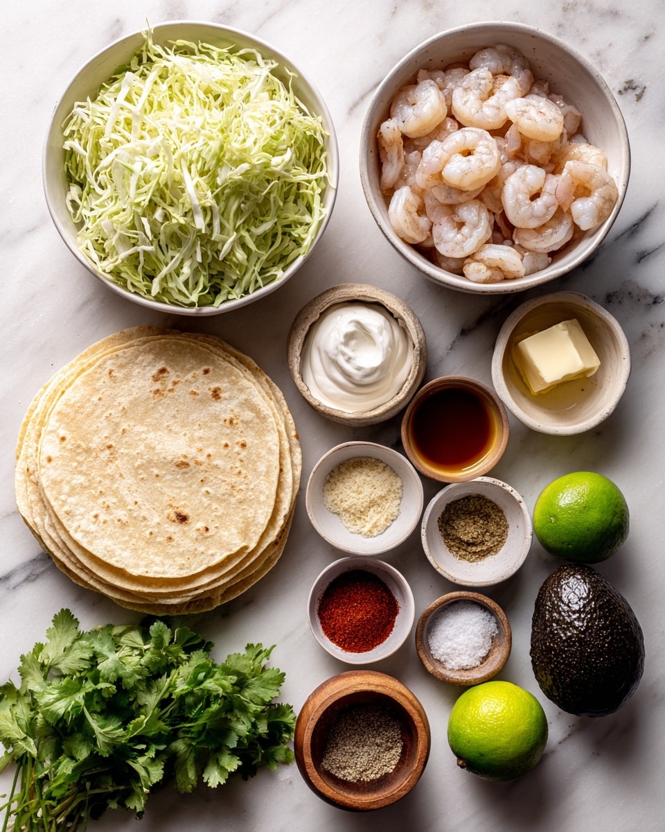 The image shows fresh ingredients arranged on a white marbled surface. At the top left, there is a white bowl filled with shredded green cabbage, showing light and dark green thin strips. Below it, a stack of pale yellow corn tortillas with a slightly rough texture lies flat. To the right is a white bowl packed with pink, peeled wild-caught shrimp that have a slightly shiny surface. Small bowls with white Greek yogurt, golden honey, and a pat of pale yellow butter are placed nearby. Three small ceramic bowls contain spices in red, beige, and dark brown colors labeled smoked paprika, garlic powder, and chili powder. A small round wooden dish holds coarse salt and ground black pepper. Two fresh green limes and a dark green avocado add solid, smooth shapes to the arrangement. At the bottom left, there is a bunch of fresh, leafy cilantro with bright green leaves. The whole setup is brightly lit, showing clear textures and natural fresh colors, photo taken with an iphone --ar 4:5 --v 7