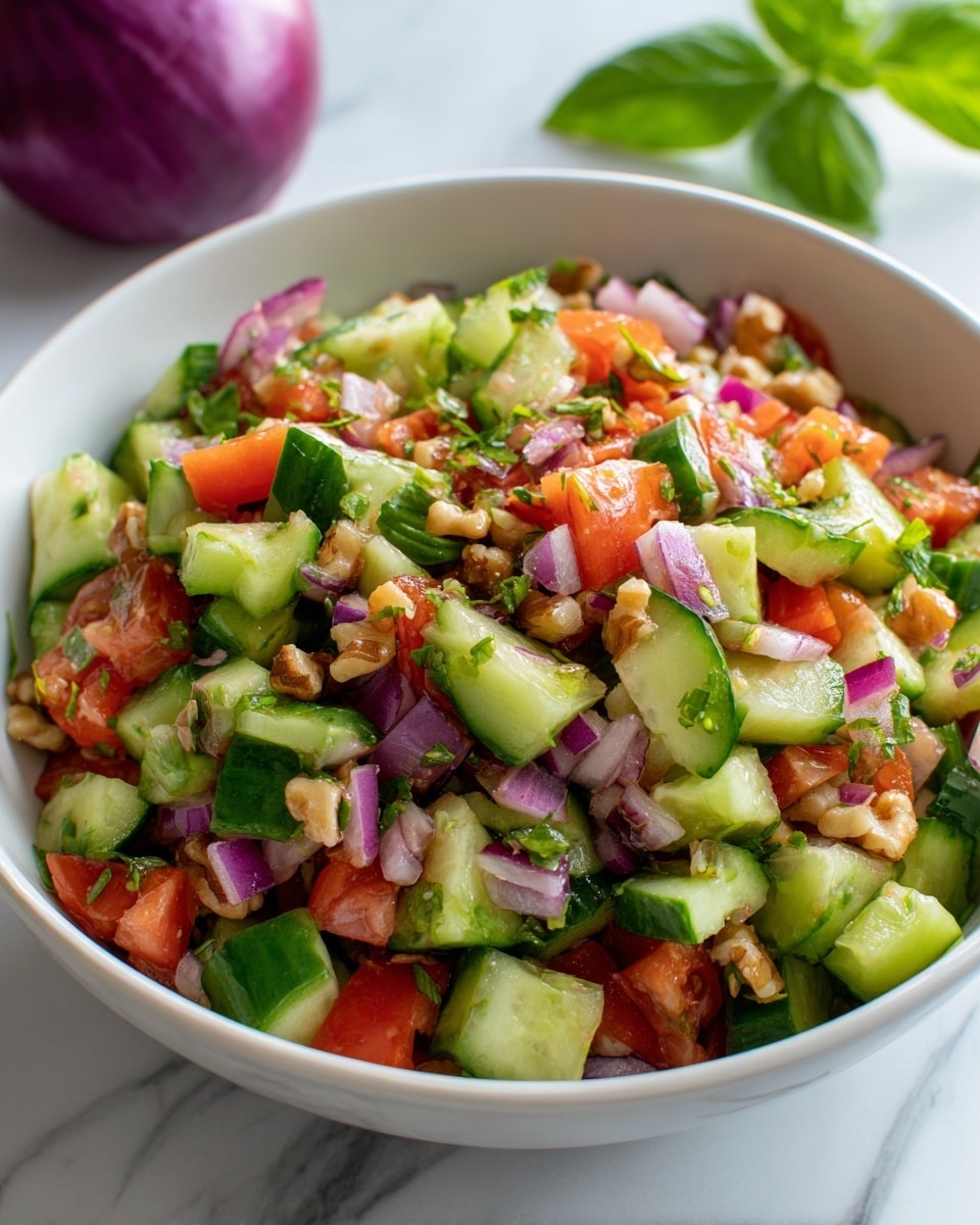 A white bowl is filled with a vibrant chopped salad, showing about four layers of ingredients mixed together. The bottom and main visible layer includes bright green cucumber pieces that are juicy and fresh. Mixed through are chopped red onions with a smooth, shiny purple texture and small red tomato chunks adding a pop of color. Scattered throughout are small bits of walnuts, giving a light brown, rough texture contrast. The salad is sprinkled with finely chopped green herbs that add small flecks of darker green. The bowl is placed on a white marbled surface, with a blurred purple onion and a green basil leaf in the background. Photo taken with an iphone --ar 4:5 --v 7