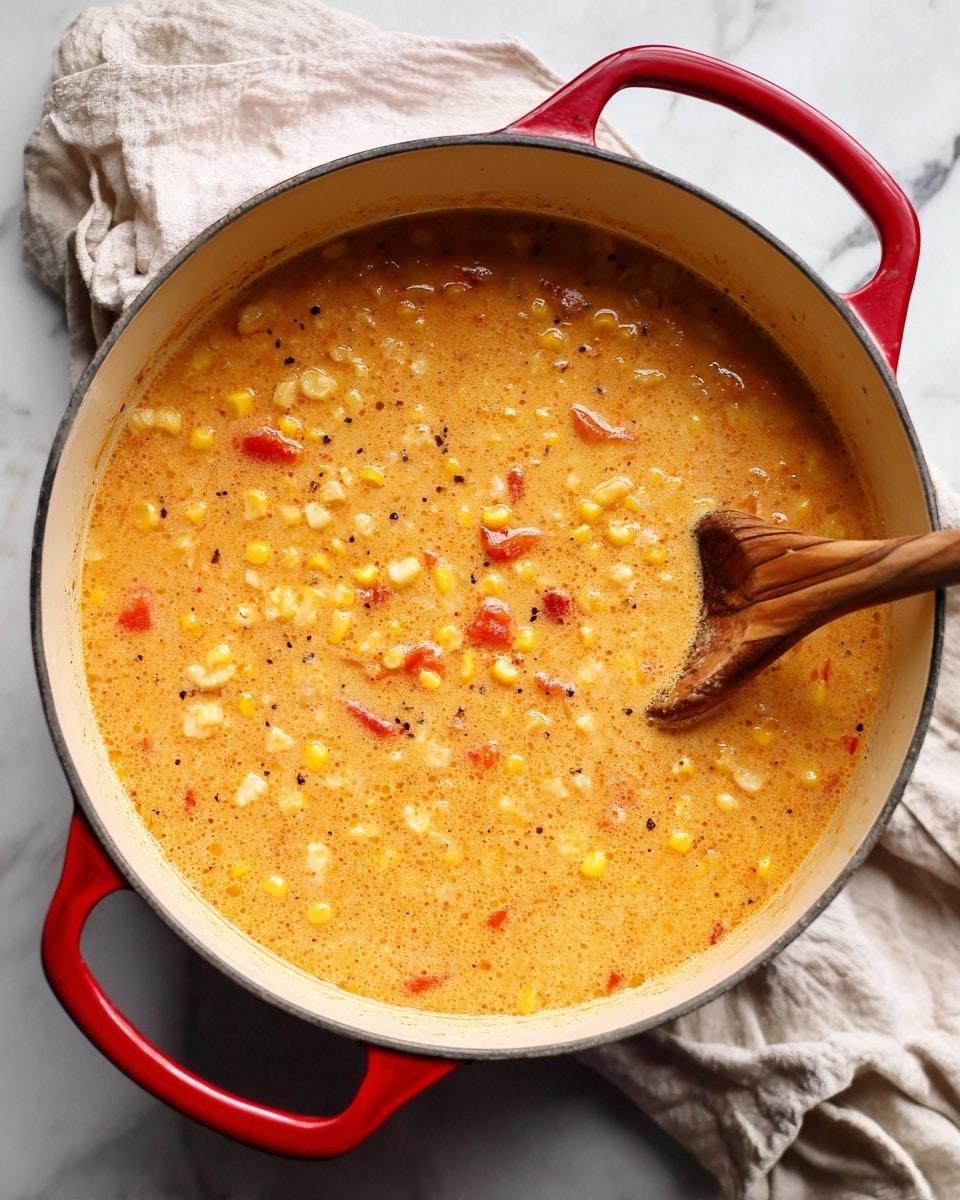 A large white pot with red handles holds a thick, creamy soup with visible pieces of yellow corn and soft red tomato chunks, mixed well and stirred by a wooden spoon on the right side. The soup has a warm orange color with a slightly rough texture, and there is a soft cloth in the background on a white marbled surface. photo taken with an iphone --ar 4:5 --v 7