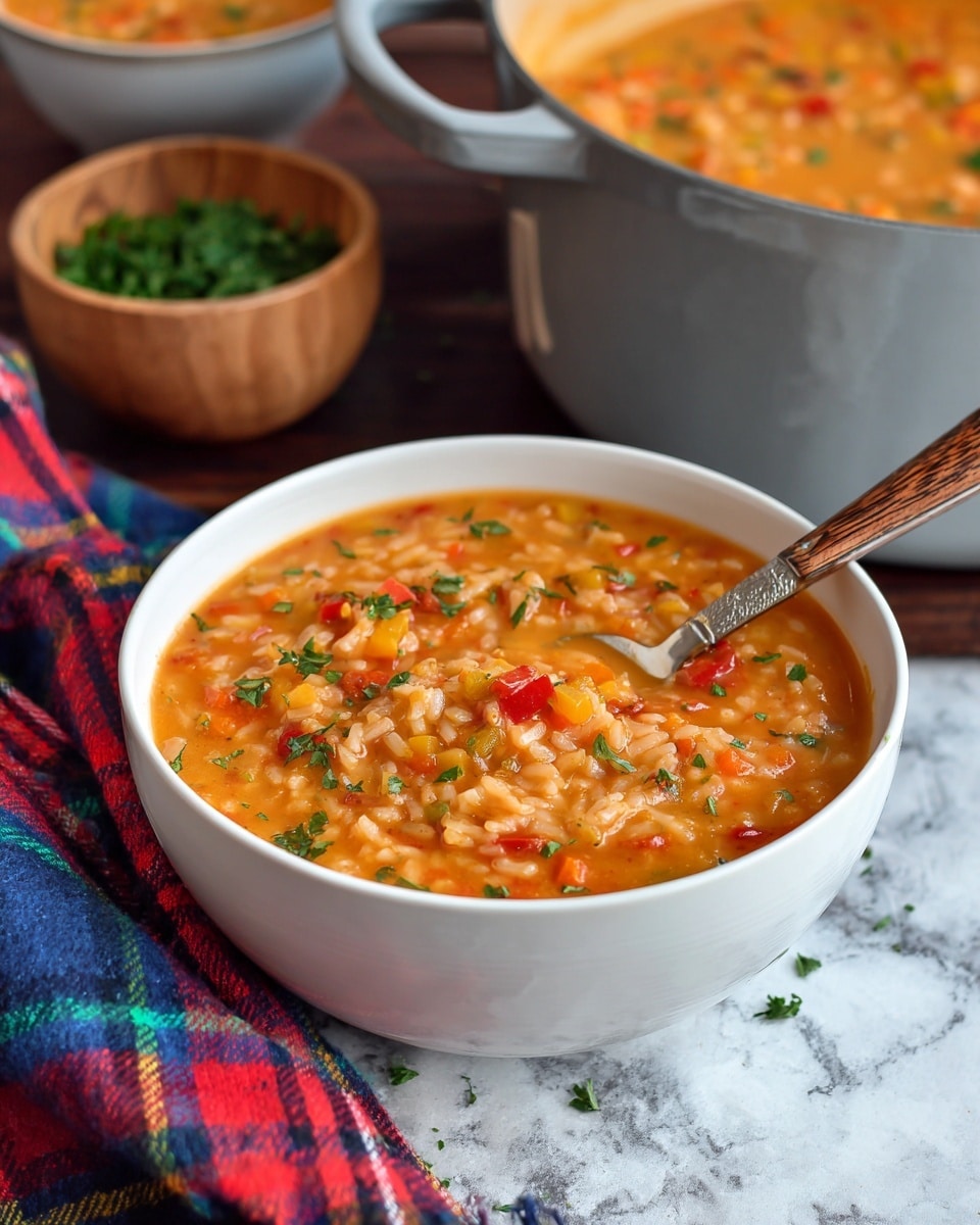 A close-up of a white bowl with an orange rim filled with thick, creamy orange soup that has visible yellow corn kernels and small pieces of orange carrots throughout. The soup is topped with fresh green chopped herbs scattered unevenly on top. A spoon rests inside the bowl on the right side. In the background, there is a bunch of fresh green herbs on a white marbled surface, with part of another bowl of the same soup slightly visible on the right. Photo taken with an iphone --ar 4:5 --v 7