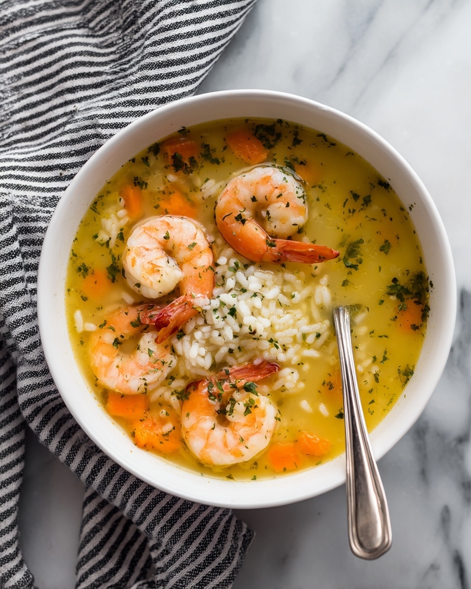A white bowl filled with a warm yellow-orange soup that has a slightly oily surface. Five large shrimp with white and pink colors rest gently on top, their curved shapes and segmented textures clearly visible. The soup itself looks thick with small bits of ingredients creating a textured feel throughout. In the background, there is a blurred white plate with yellow lemon slices resting on a white marbled surface. Photo taken with an iphone --ar 4:5 --v 7