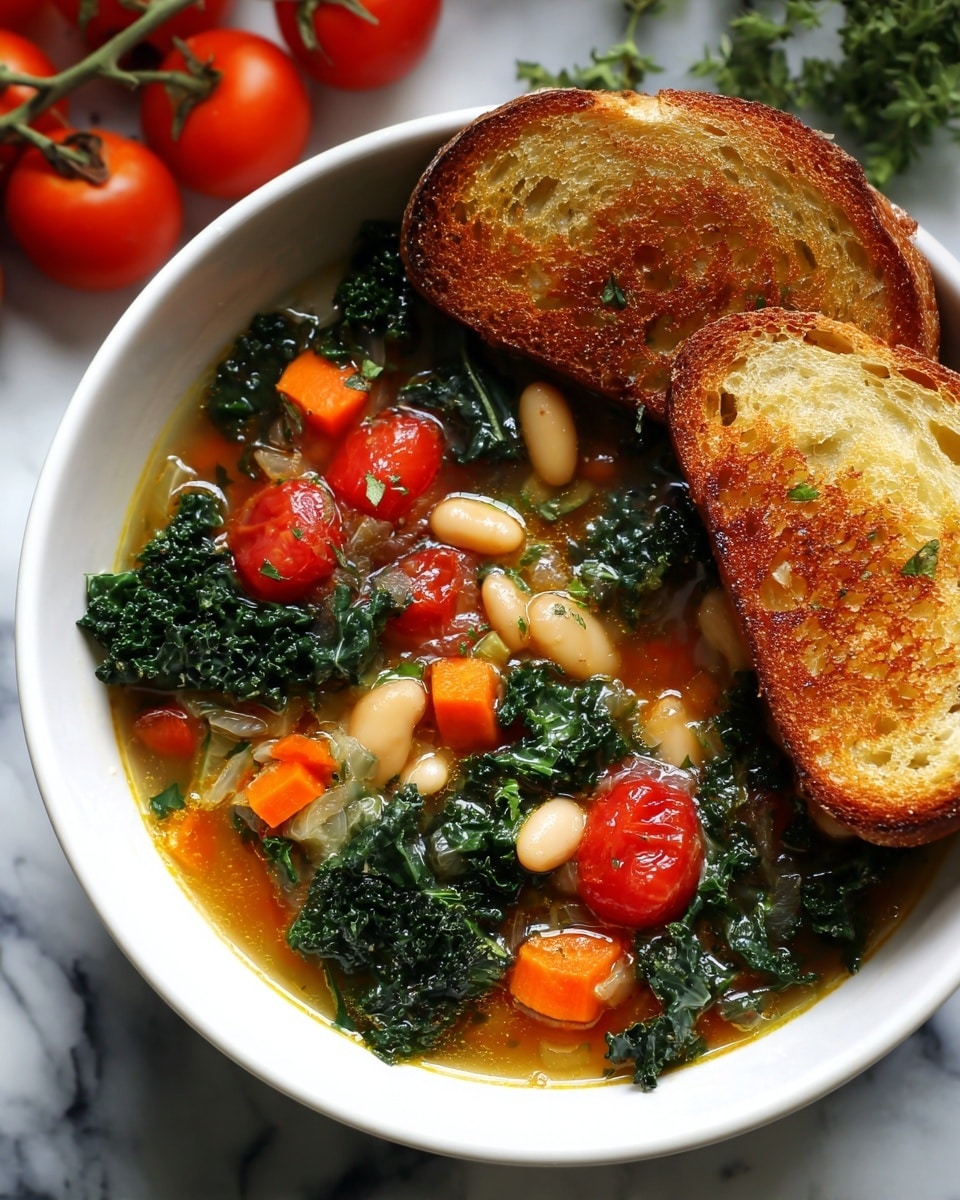 A close-up of a white bowl filled with colorful vegetable soup on a white marbled surface, showing three layers: the bottom layer is a clear golden broth; the middle layer has dark green kale leaves with a bumpy texture scattered throughout; the top layer contains small white beans, chopped orange carrots, and halved bright red cherry tomatoes floating near the surface. Two toasted golden-brown slices of bread lean on the edge of the bowl. In the background, a sprig of green herbs and a bunch of red cherry tomatoes on vine add color contrast. photo taken with an iphone --ar 4:5 --v 7