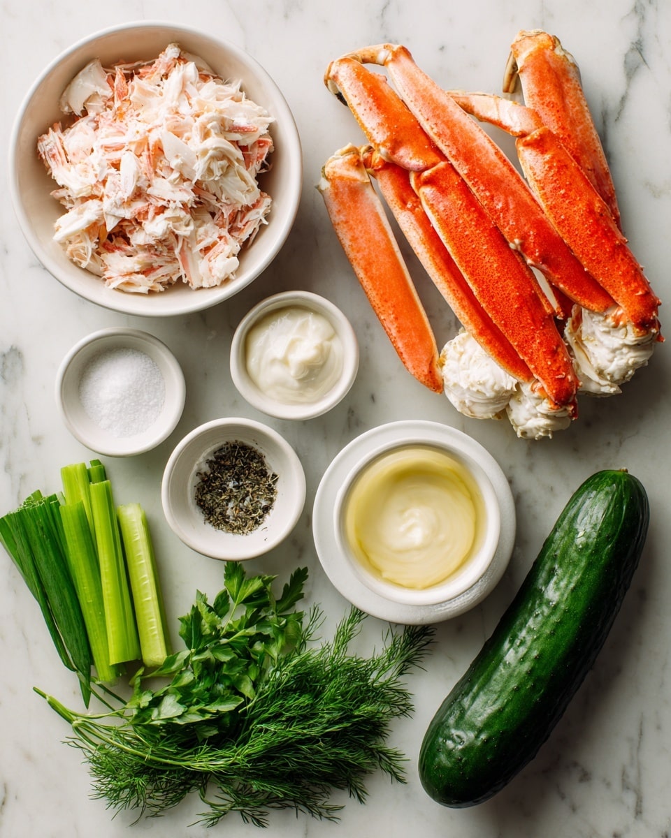 A white bowl filled with light red and white crab meat sits near the top right on a white marbled surface, above it are two large orange crab legs. Below the bowl are small white bowls with white salt, black pepper, and thick white mayonnaise. To the right of the mayonnaise is a small white bowl holding pale yellow white wine vinegar. Near the bottom right is a whole dark green English cucumber. At the bottom left of the image are fresh green herbs and vegetables lined up from left to right in this order: light green celery stalks, fresh green parsley, dark green green onions, and light green dill. All items are arranged neatly with labels in black text on the surface photo taken with an iphone --ar 4:5 --v 7