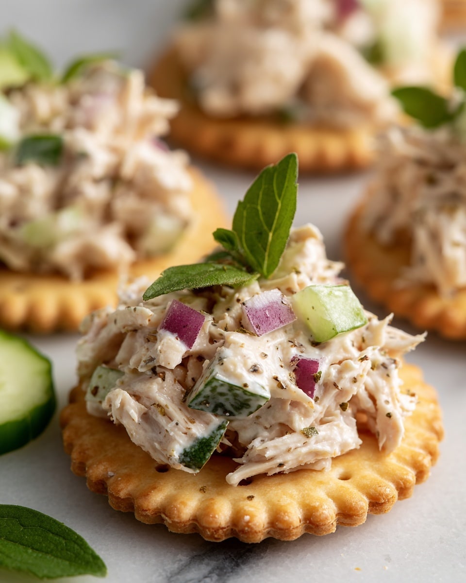 Round golden crackers form the base layer with a ridged edge and small indents in the center. On top of each cracker is a chunky salad mixture layer composed of cream-colored shredded chicken, light green celery pieces, small purple-red onion bits, and some fresh green herb leaves scattered on top, giving a fresh, textured look. A white marbled surface serves as the background, enhancing the bright colors of the food. There is also a slice of cucumber partially visible in the background and a small green herb leaf near the bottom. The image has a close-up focus on the crackers with salad, showing the textures clearly. photo taken with an iphone --ar 4:5 --v 7