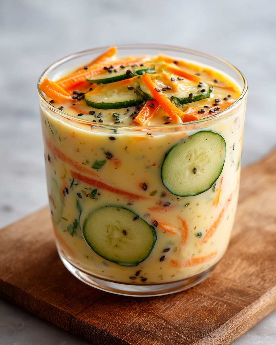 The image shows a clear glass filled with a creamy salad. Inside, there are thin slices of green cucumbers and orange carrot sticks mixed evenly with a light yellowish creamy sauce. Small black seeds are scattered on top and throughout the salad, adding texture. The glass is placed on a wooden board, and the background is a white marbled texture. The salad looks fresh and colorful with a mix of smooth and crunchy textures. photo taken with an iphone --ar 4:5 --v 7