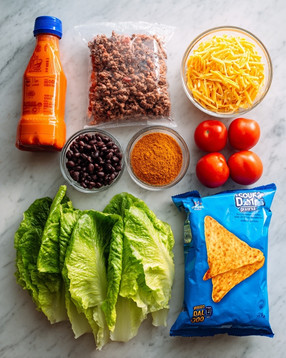 The image shows all the ingredients for a taco salad arranged neatly on a white marbled surface. At the bottom left, there are fresh green romaine lettuce leaves with a crisp texture and visible veins. To the right of the lettuce, there are three small red tomatoes with smooth skins. Above the tomatoes is a small clear bowl filled with shredded yellow cheese, soft and slightly curly. Next to the cheese, a package of tightly wrapped ground beef is placed. Above the beef, a small clear bowl contains bright orange taco seasoning powder with a fine texture. To the left of the seasoning is a small clear bowl filled with shiny black beans. At the top left, there is a bottle of bright orange-red Catalina dressing with a blue cap. On the right side, a large blue bag of Cool Ranch Doritos stands upright with two triangular chips showing a light golden color and a slightly rough texture on the surface. The whole setup is clean and organized, placed on a white marbled texture background. Photo taken with an iphone --ar 4:5 --v 7