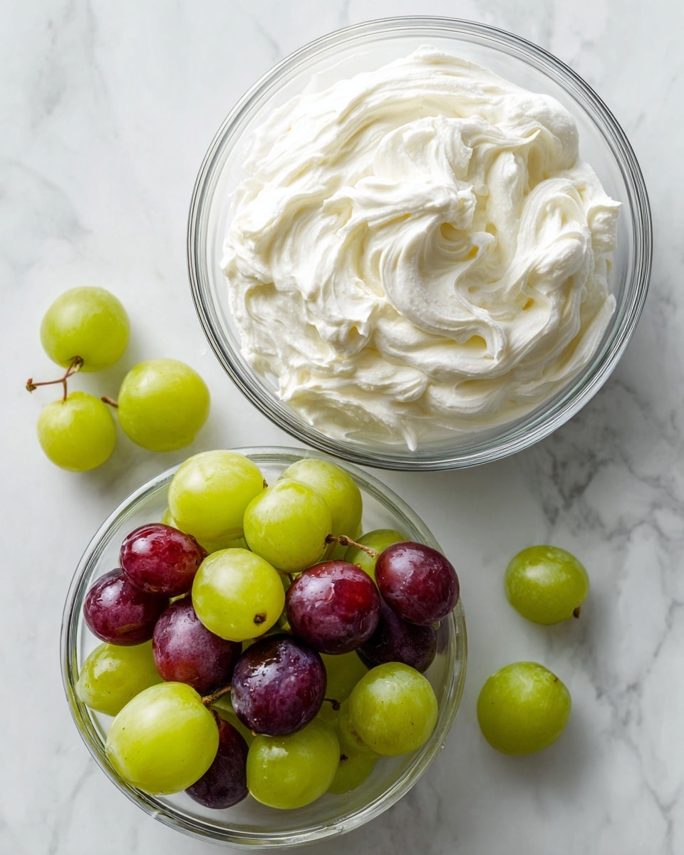 Two clear glass bowls sit on a white marbled surface. The larger bowl is filled with thick, white whipped cream showing smooth, wavy texture and soft peaks. The smaller bowl contains a mix of fresh grapes in two layers: the bottom layer has green grapes, with some dark red grapes mixed on top. The grapes have a shiny, smooth skin and look fresh. Photo taken with an iphone --ar 4:5 --v 7