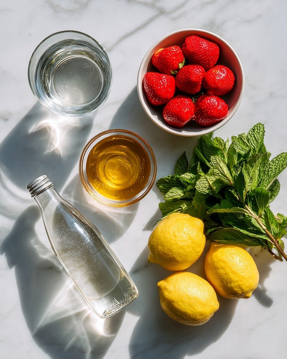 The image shows six ingredients arranged on a white marbled surface, all labeled. At the top right, there is a white bowl filled with bright red strawberries that look fresh and juicy. Near the center, there is a small glass bowl containing light golden honey with a smooth texture. To the left of the honey, a bunch of green mint leaves with a natural texture lies flat. On the right side of the image, there are three whole lemons, bright yellow with a slightly bumpy peel. At the top left, a clear round glass of water casts a shadow on the surface. A tall clear glass bottle filled with sparkling water lies diagonally at the bottom left, showcasing the bubbles inside. The clean setup with the fresh ingredients on the white marbled background looks bright and natural. photo taken with an iphone --ar 4:5 --v 7