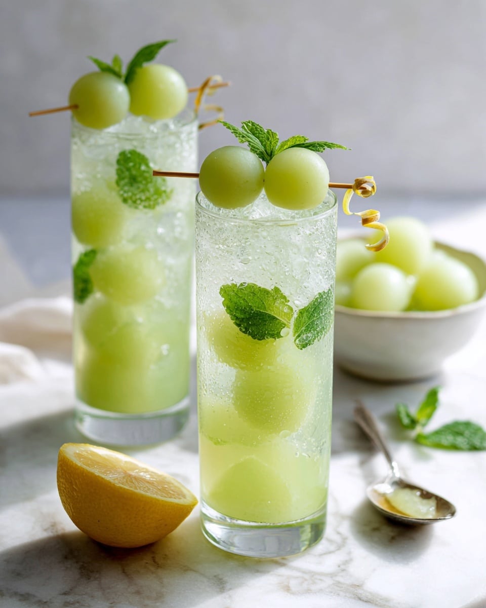 A tall clear glass is filled with a light green drink and crushed ice, almost full with visible ice pieces floating at the top. On the rim of the glass, there are three small light green melon balls stacked vertically on a skewer, a thin lemon slice bent around the edge, and a small fresh green mint leaf sprig beside the lemon. The background shows a white marbled texture with a blurred yellow lemon half and a metal spoon behind the glass. Another similar glass is partially visible on the right side. photo taken with an iphone --ar 4:5 --v 7