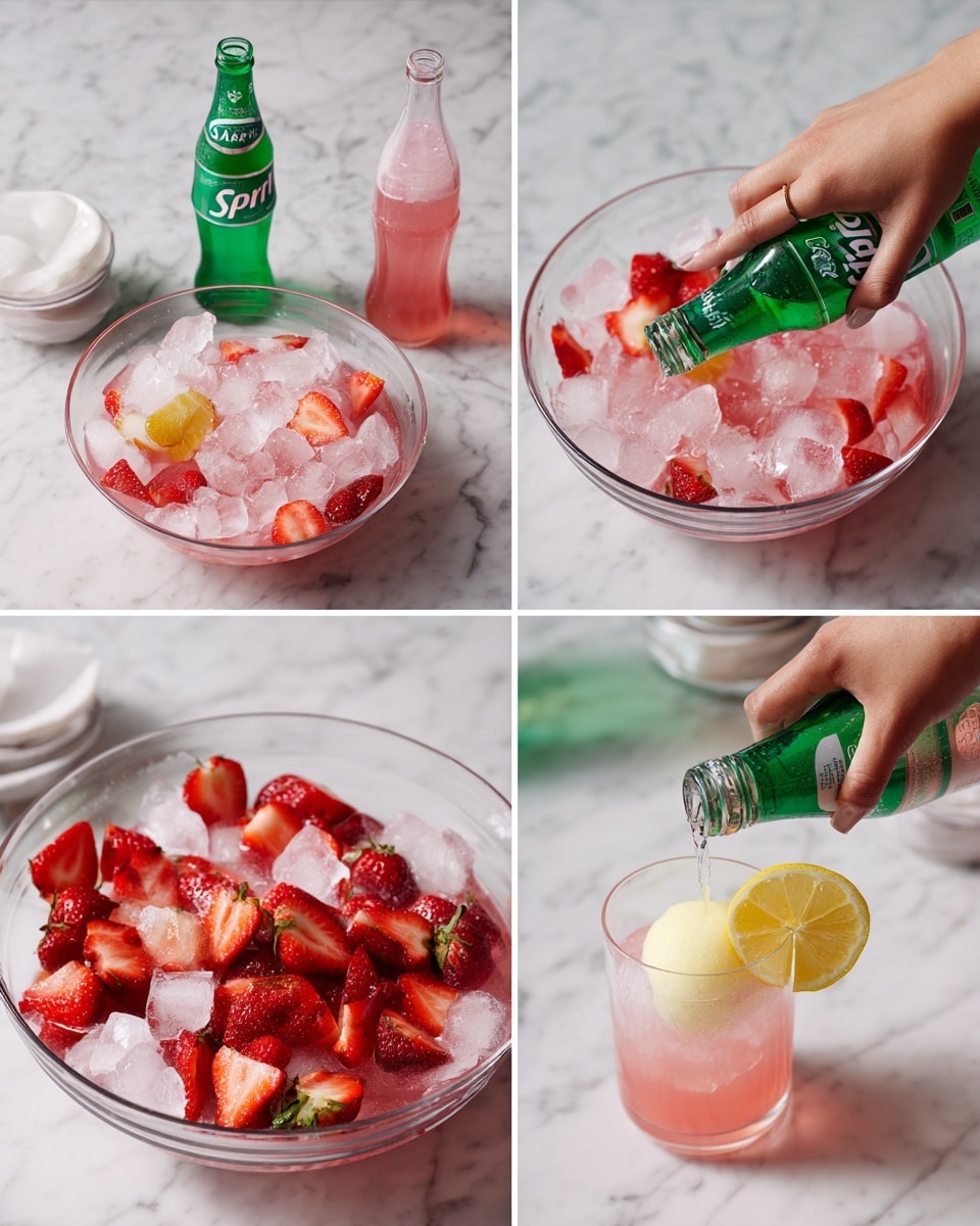 The image shows four scenes of making a pink fruit punch drink. In the first scene, a white marble surface holds a bottle of Sprite, a pink drink bottle, some fresh strawberries, and a glass filled with pink ice cubes. In the second scene, a woman's hand pours green Sprite from the bottle into a clear glass bowl full of pink ice cubes and sliced strawberries on the white marble surface. The third scene shows a woman's hand pouring the pink drink from a bottle into the same glass bowl with the pink ice and strawberries. In the last scene, a woman's hand adds a lemon slice to a tall clear glass filled with pink ice cubes and a scoop of light yellow fruit sorbet on top, sitting on the white marble surface. photo taken with an iphone --ar 4:5 --v 7