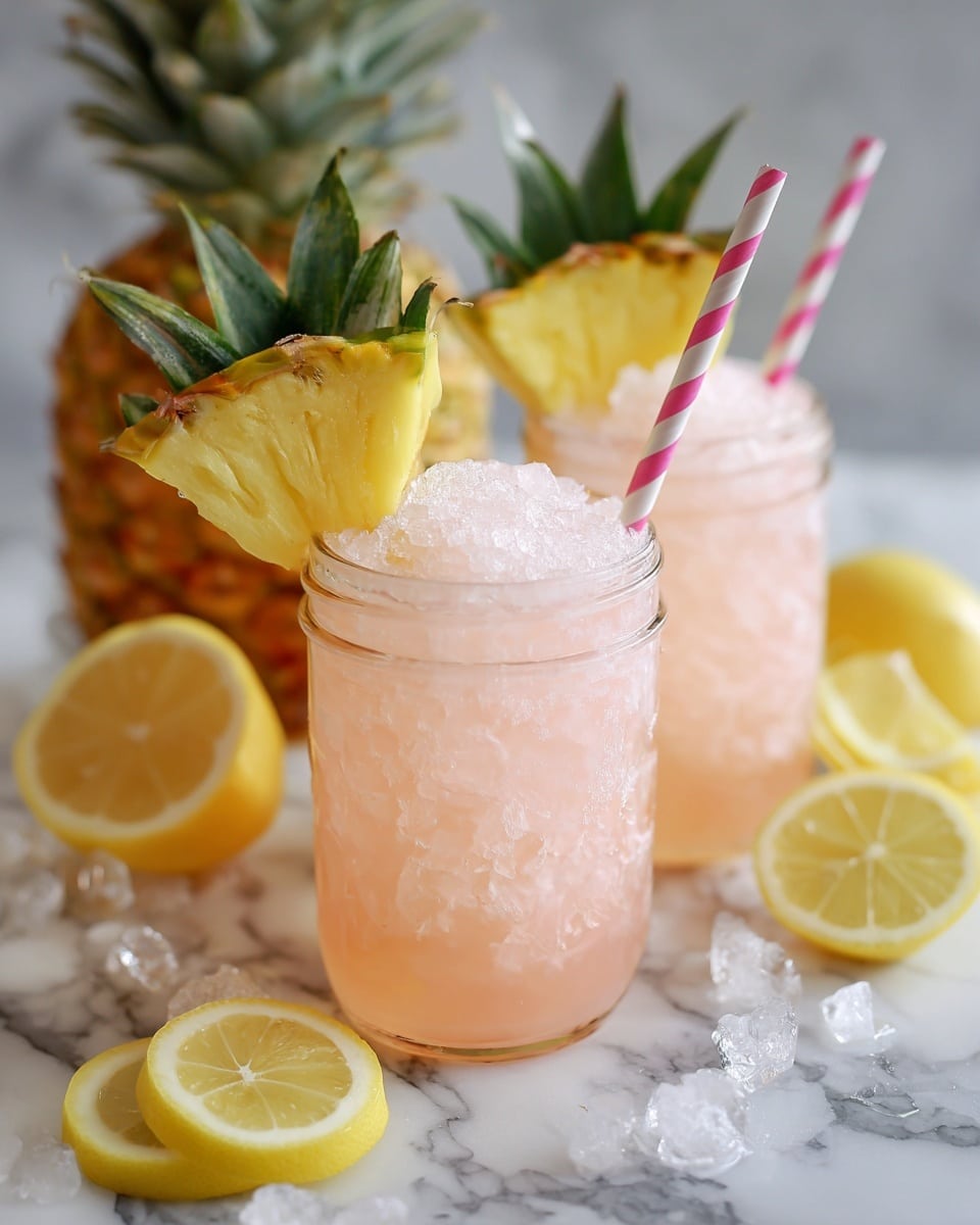A clear glass jar filled with three layers of crushed ice on top, light pink liquid at the bottom, and a gradient blending in between. The jar is garnished on the rim with a yellow pineapple wedge, featuring its green and brown textured rind. A striped pink and white paper straw stands upright in the drink. The jar rests on a wooden board holding three thick pineapple slices with their green textured edges visible. In the blurred background, a whole pineapple and another similar drink are seen on a white marbled surface. Photo taken with an iphone --ar 4:5 --v 7